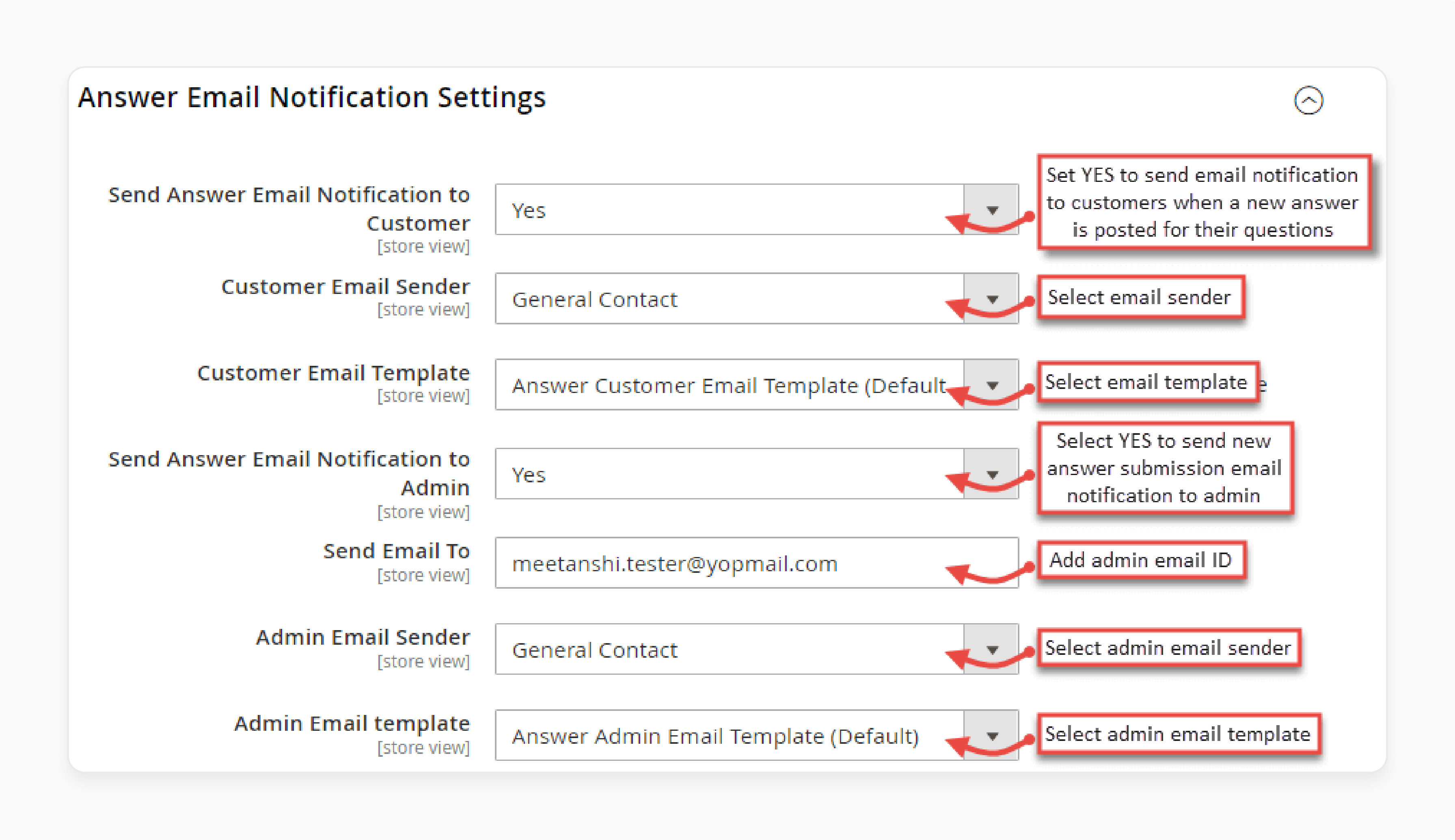 Configuring answer email notification settings in the Magento 2 Product questions extension