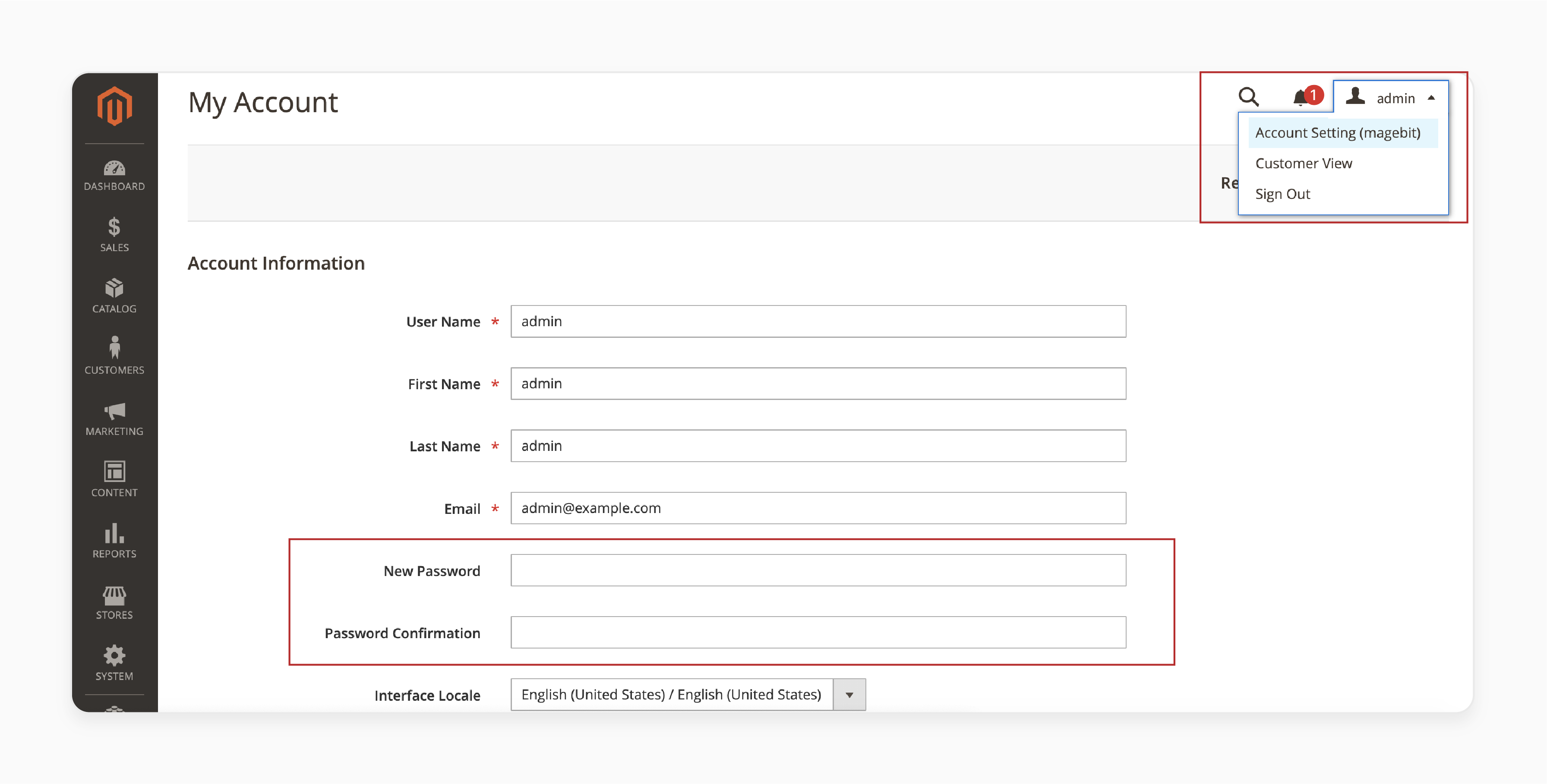 Reset password in Magento account settings