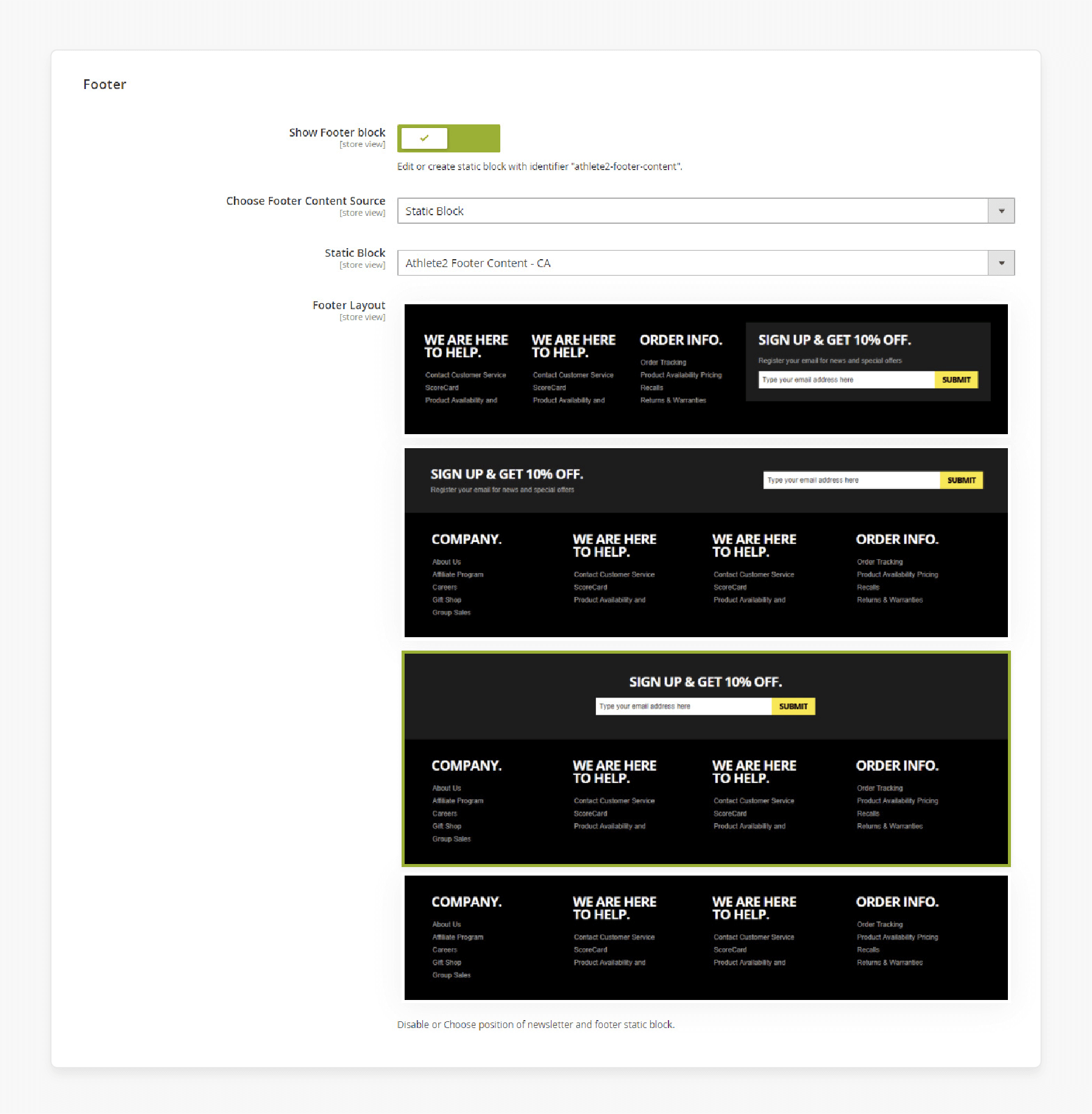 Enable the footer block in Athlete 2 Magento 2 Theme