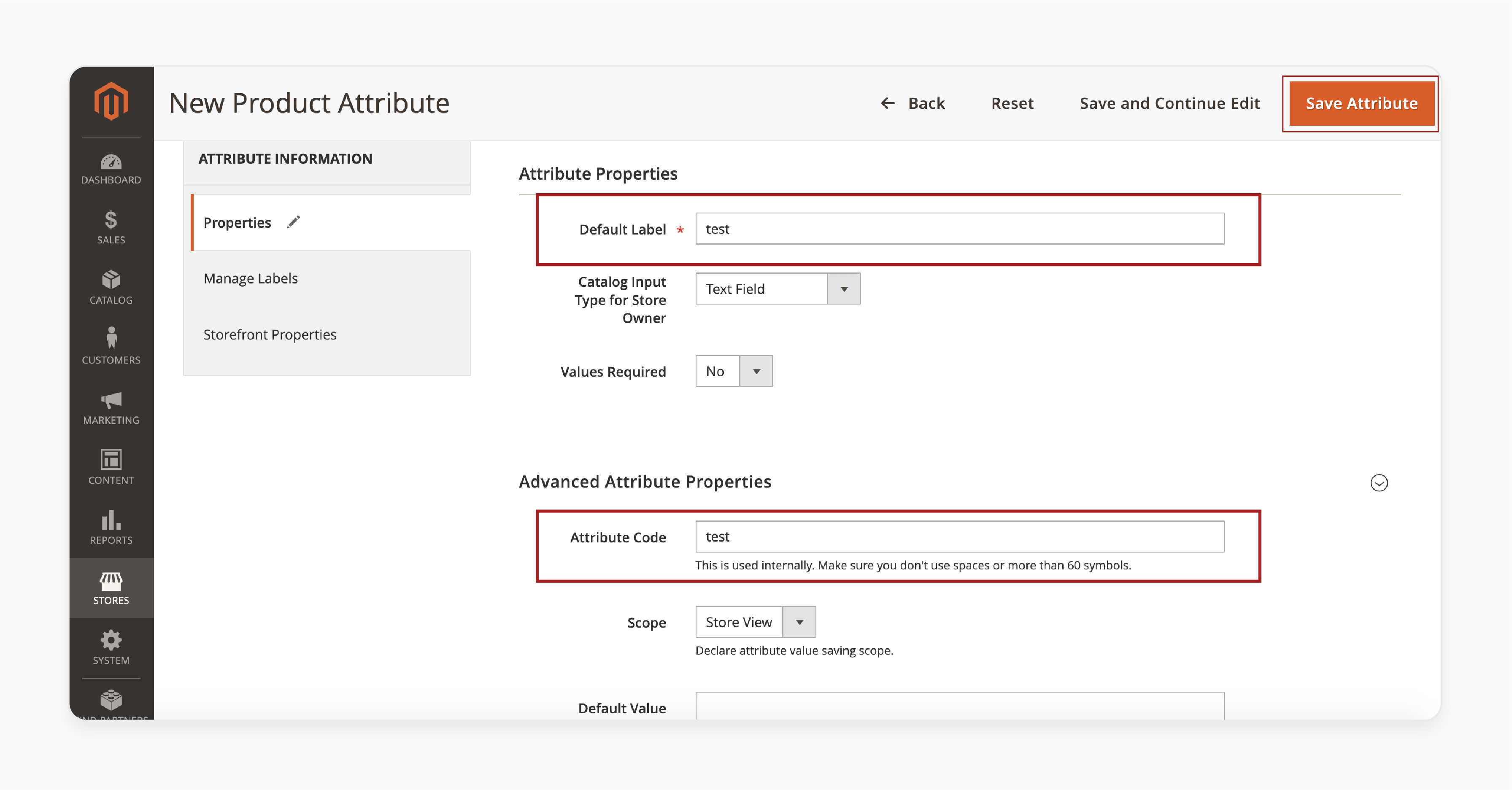 Step 1: Create a Magento 2 new attribute for the custom tab-Attribute Code as Test