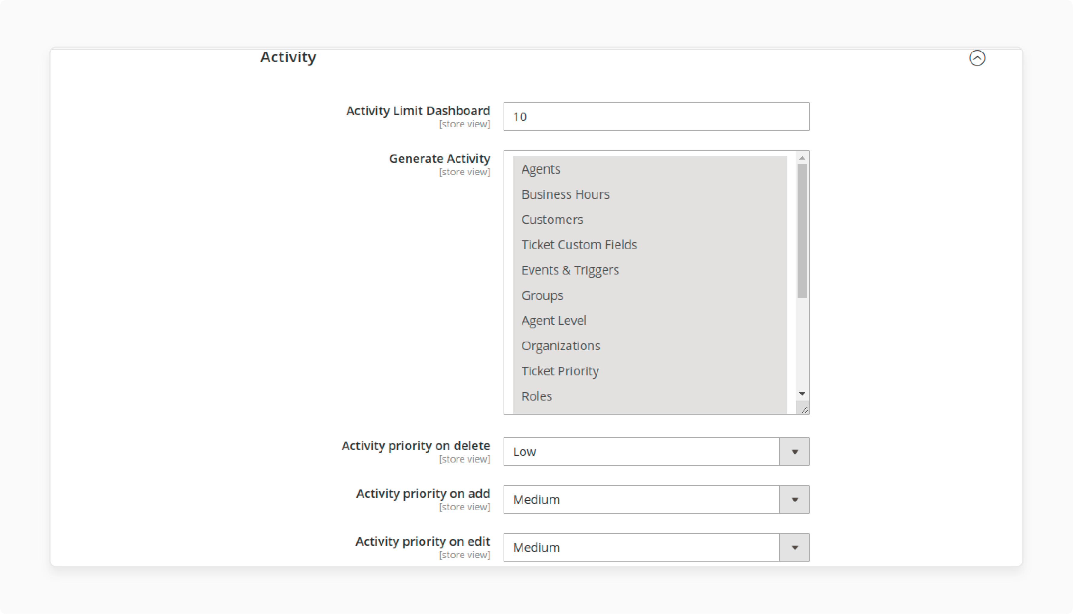 Configure support ticket activities