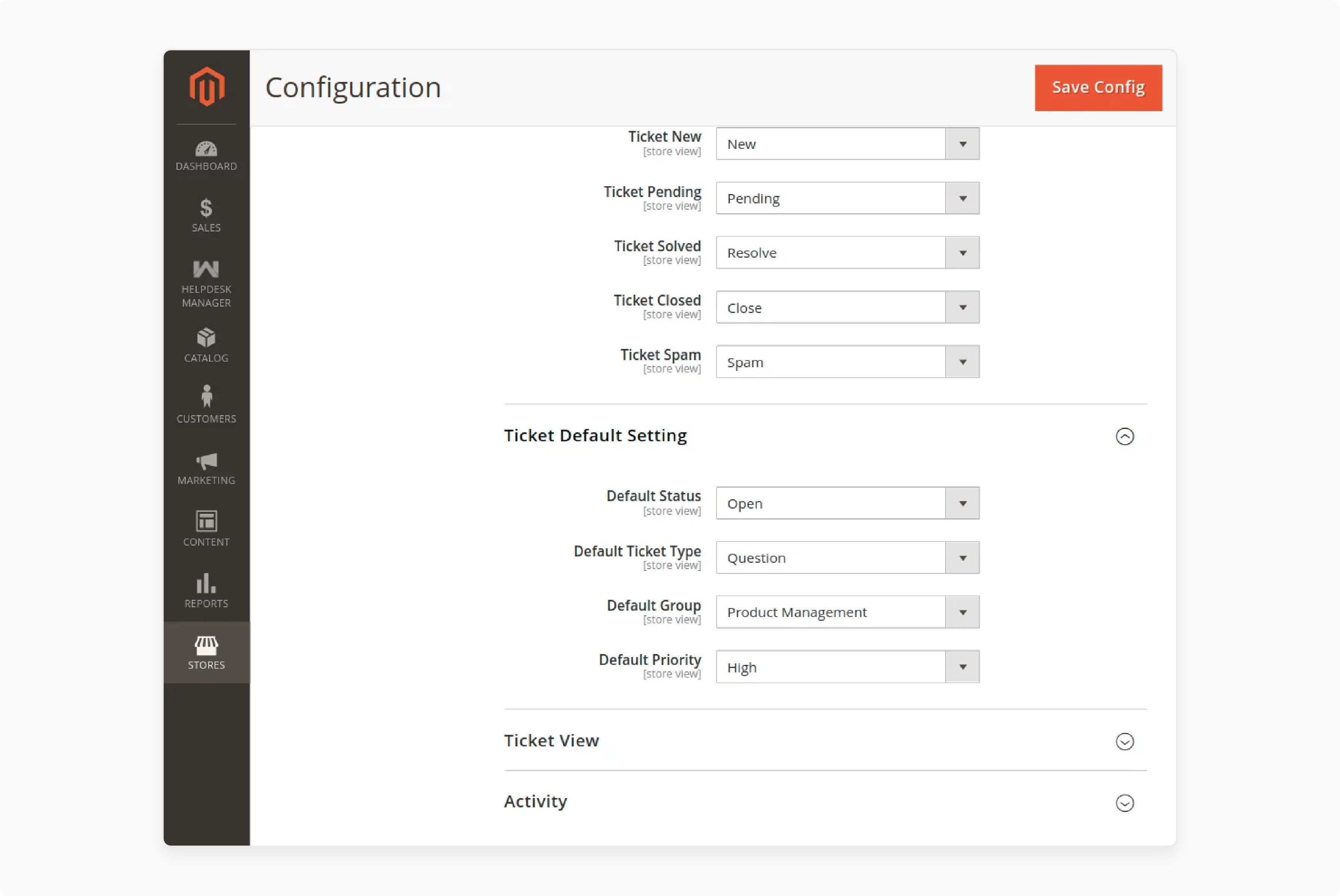 Set default settings for Magento 2 tickets