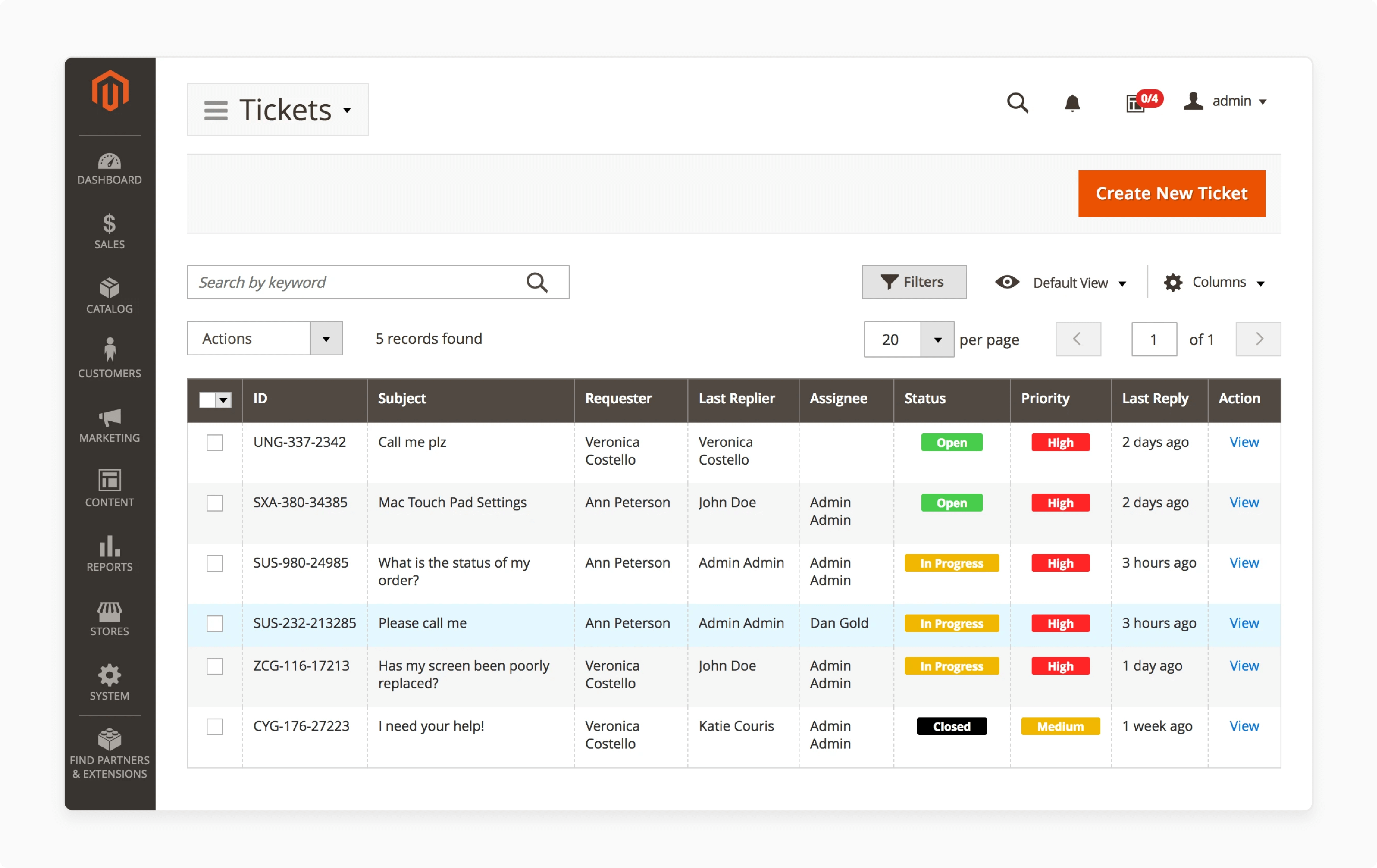 Magento 2 ticket page for viewing support requests