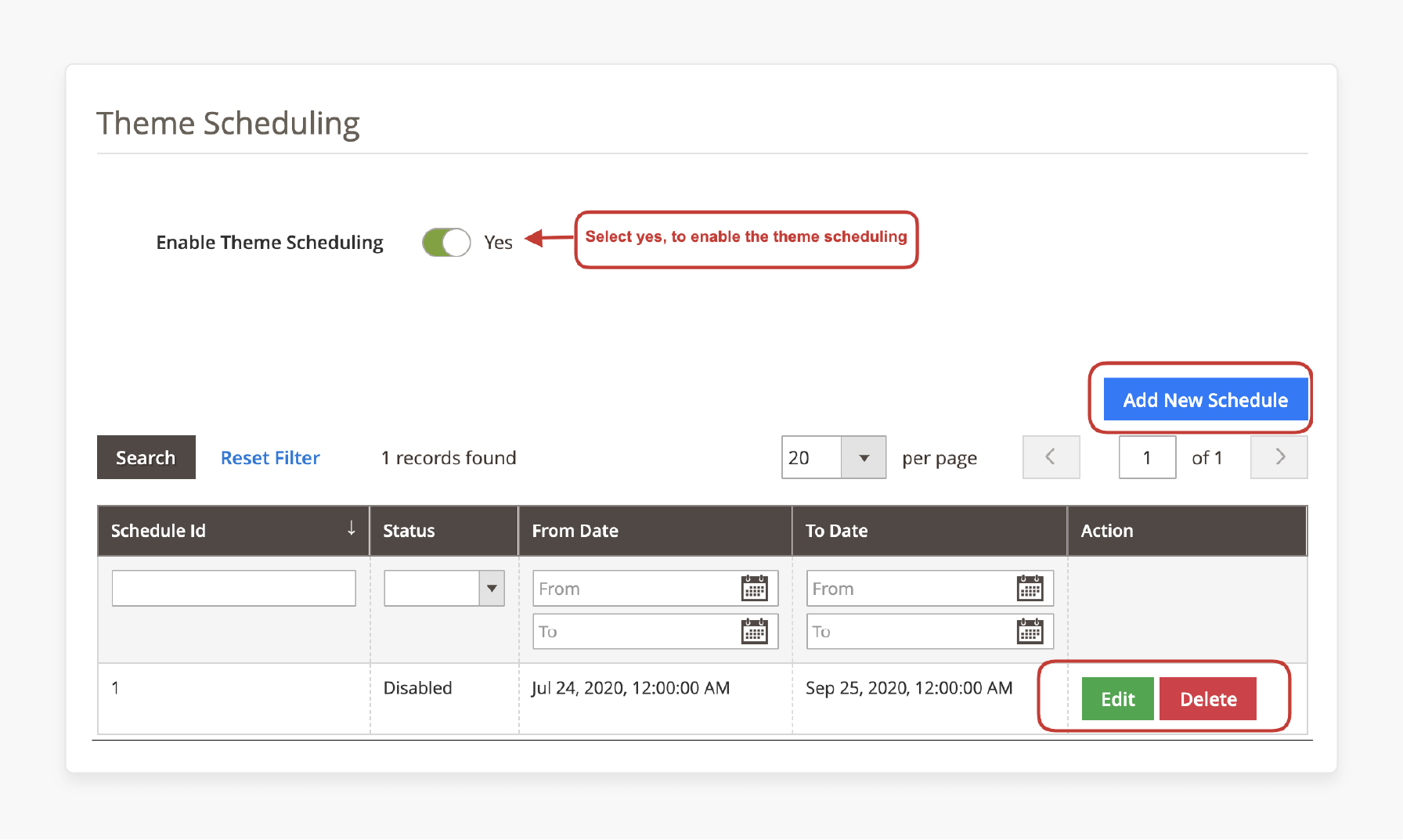 Spin and Win Module setting tabs: Theme Scheduling