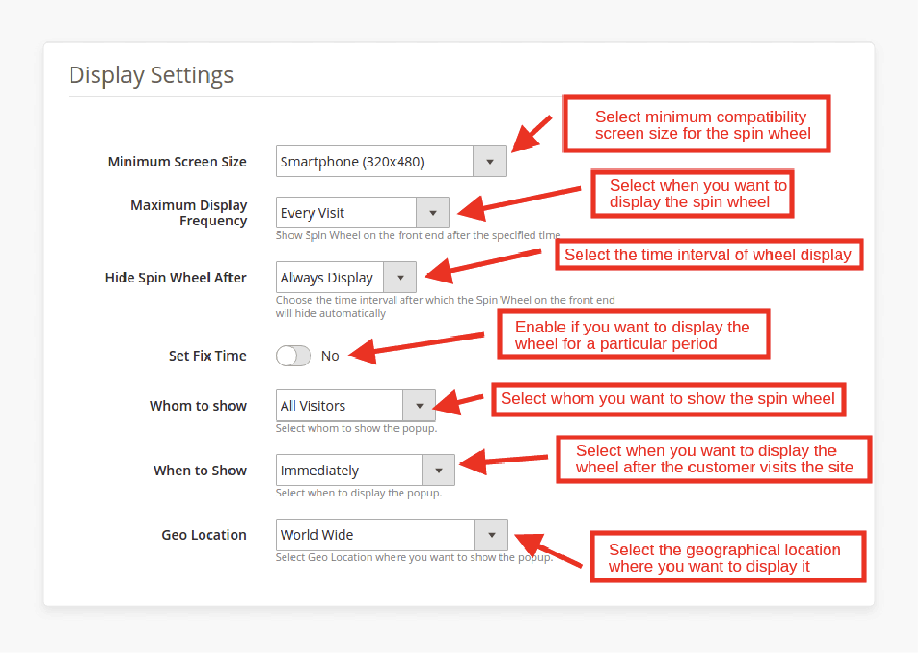 Spin and Win Module setting tabs: Display Settings