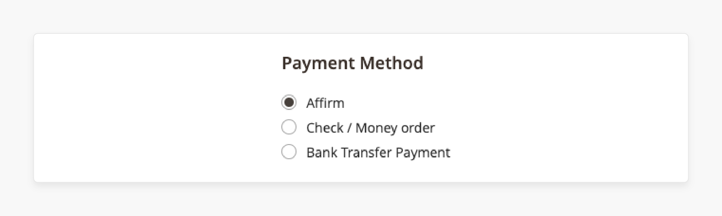 Choose the payment method in the Affirm Magento 2 Extension