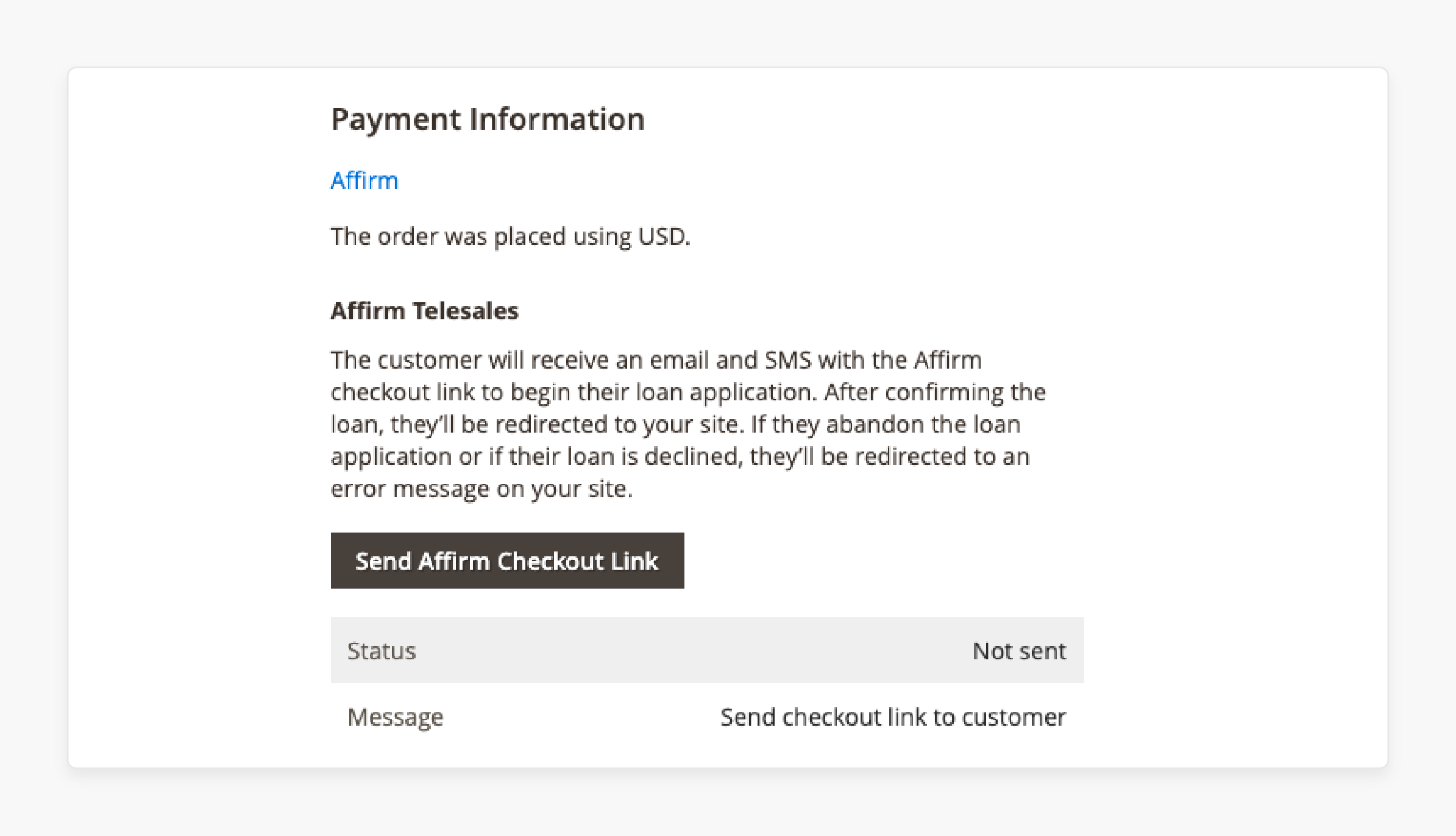 Click the link to complete payment using the Affirm Magento 2 Extension