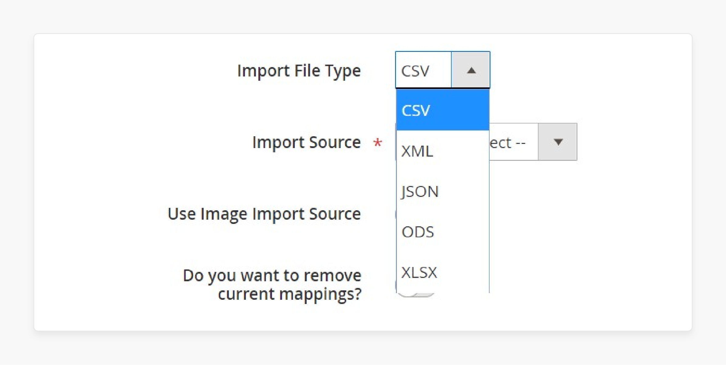 Select import source in Magento