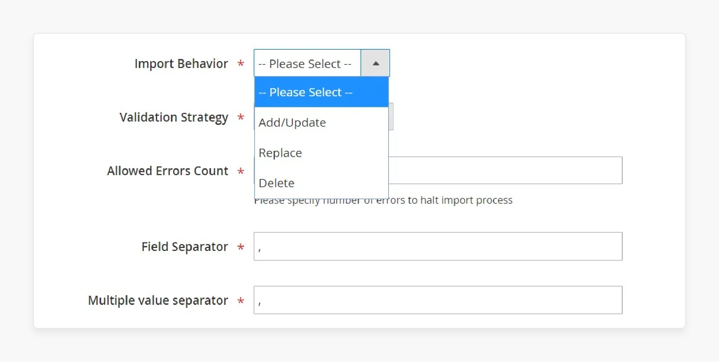 Set import behavior in Magento