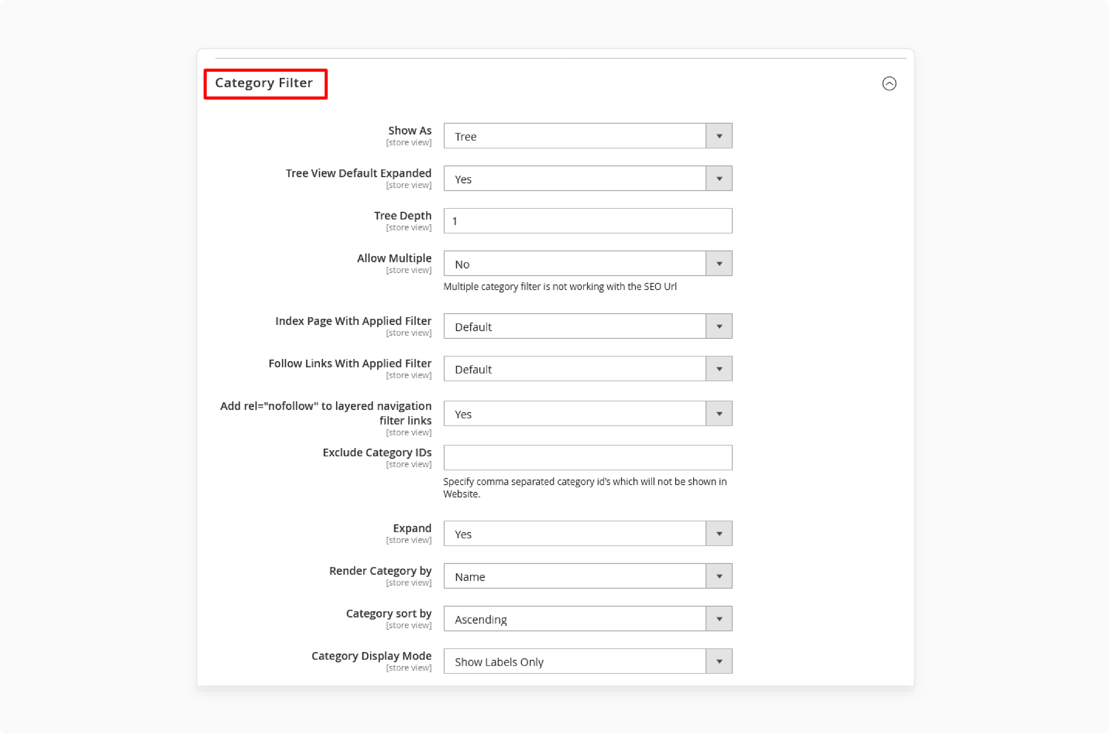 Set options in the category filter section