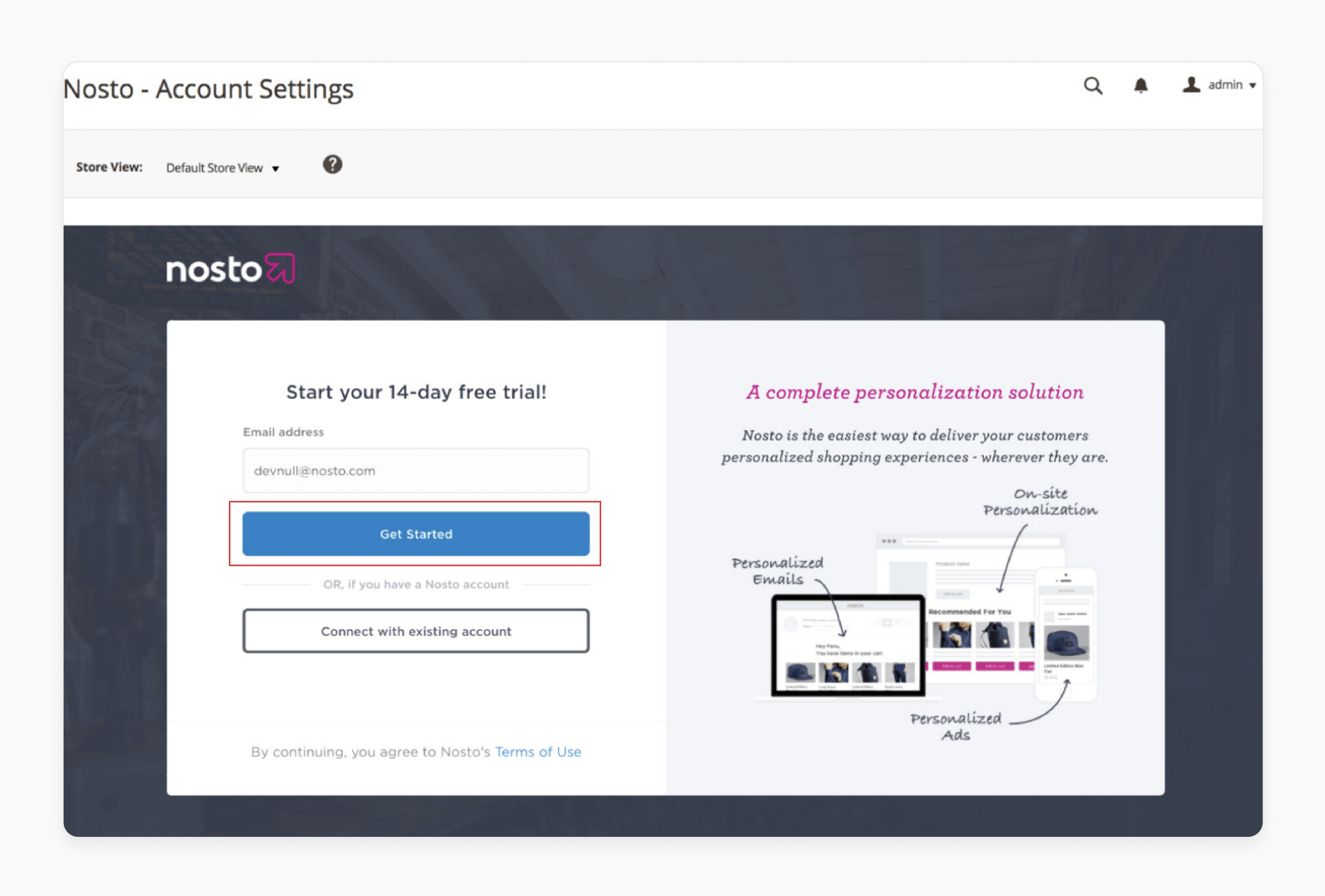 Get Started button in Nosto Magento 2 setup