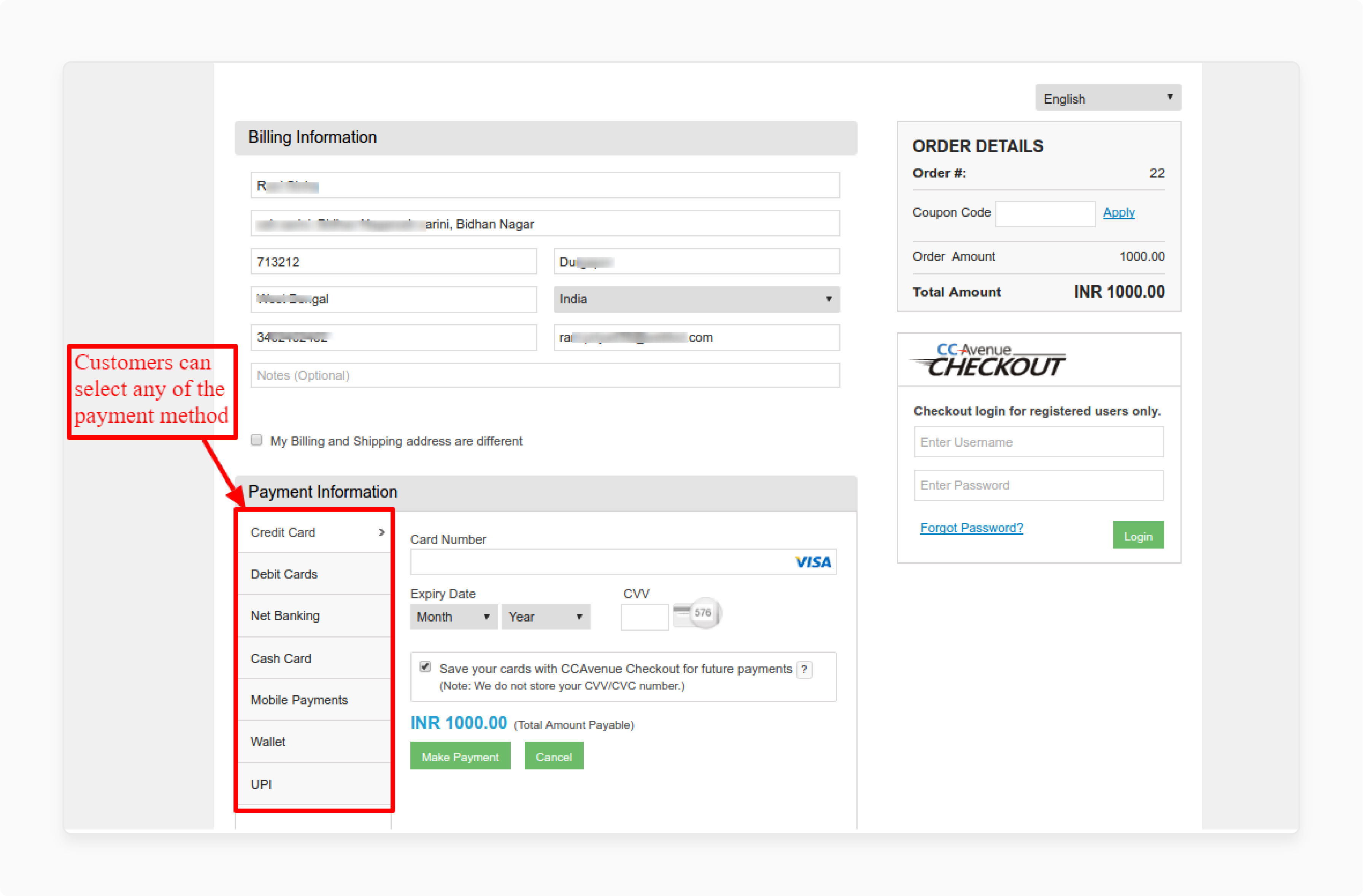 Enter your financial details while testing the CCAvenue Magento 2 Extension