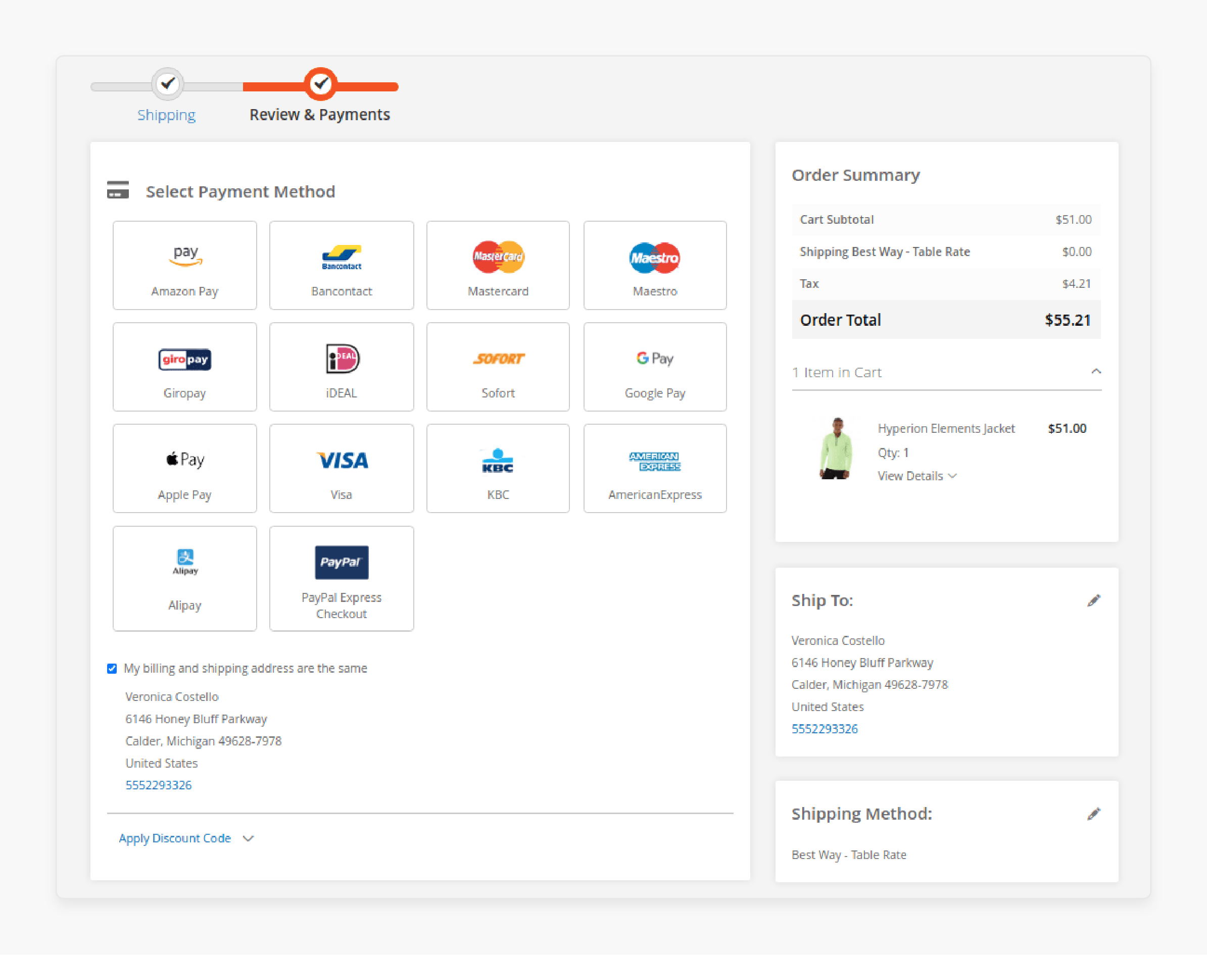 Various payment options at Magento checkout