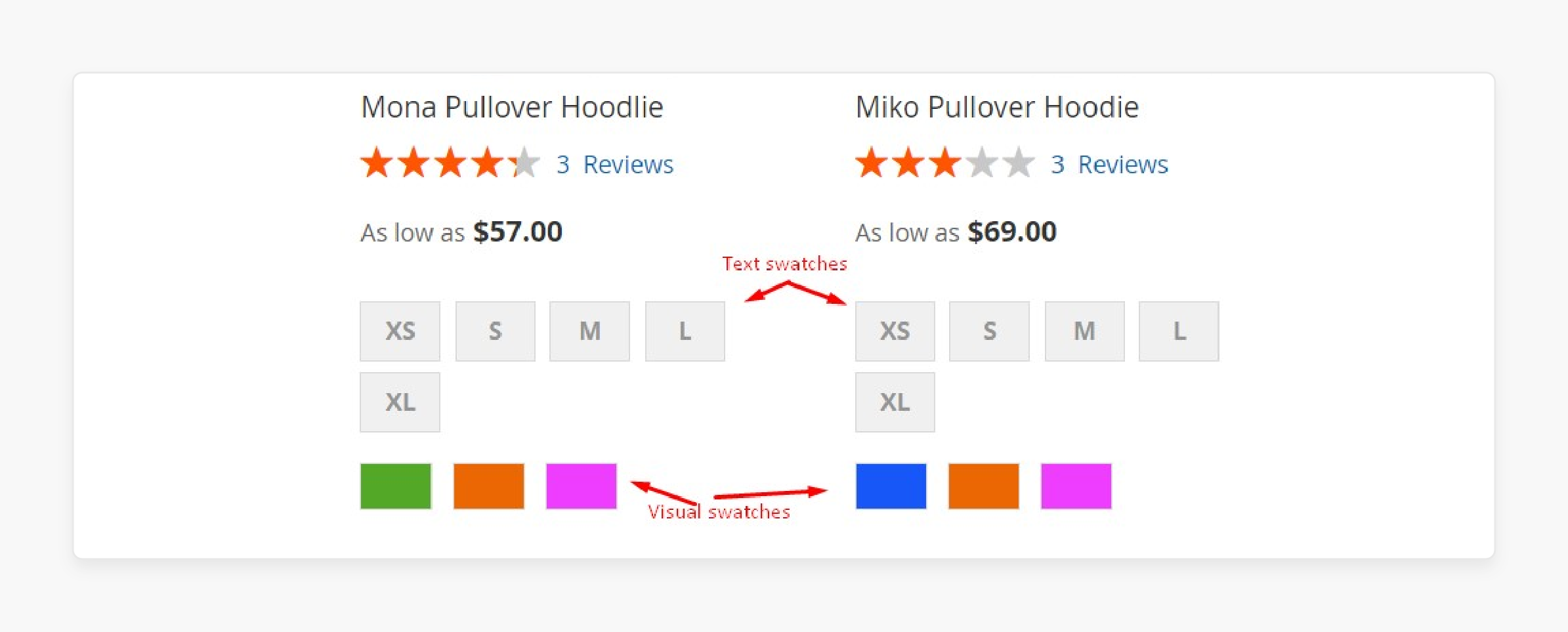 magento 2 text swatch displaying size options for configurable products