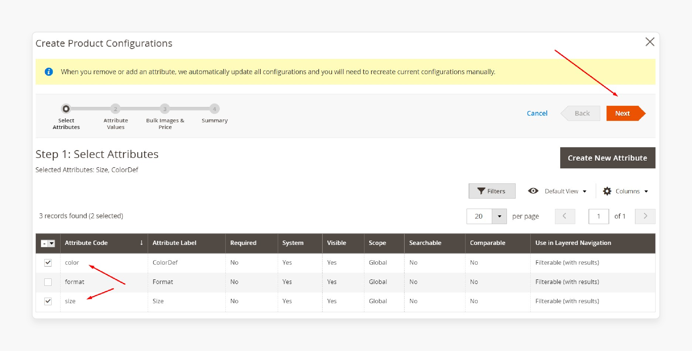 creating product configurations with color and size swatch attributes in magento 2