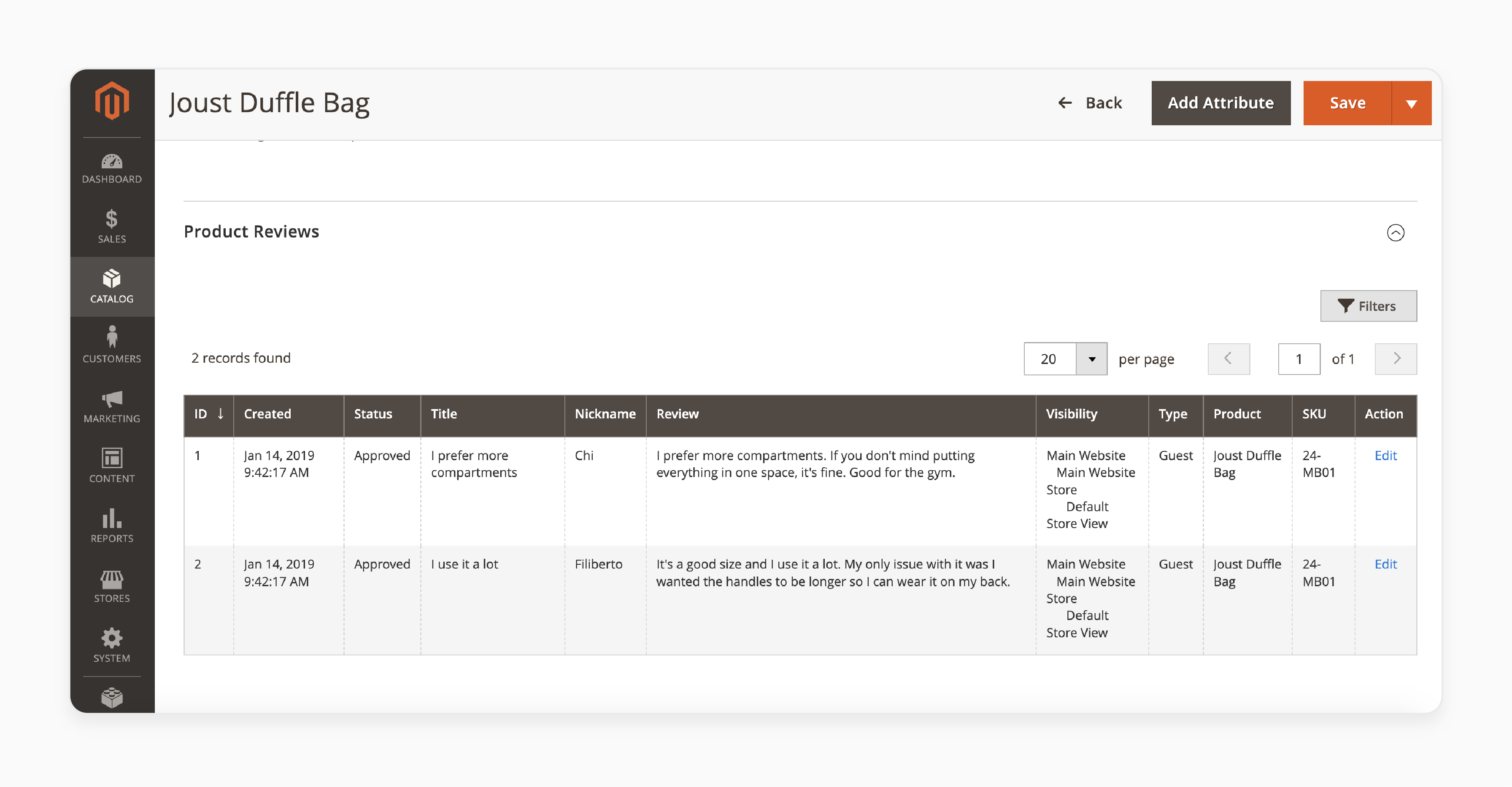 product reviews section under catalog in magento 2 admin