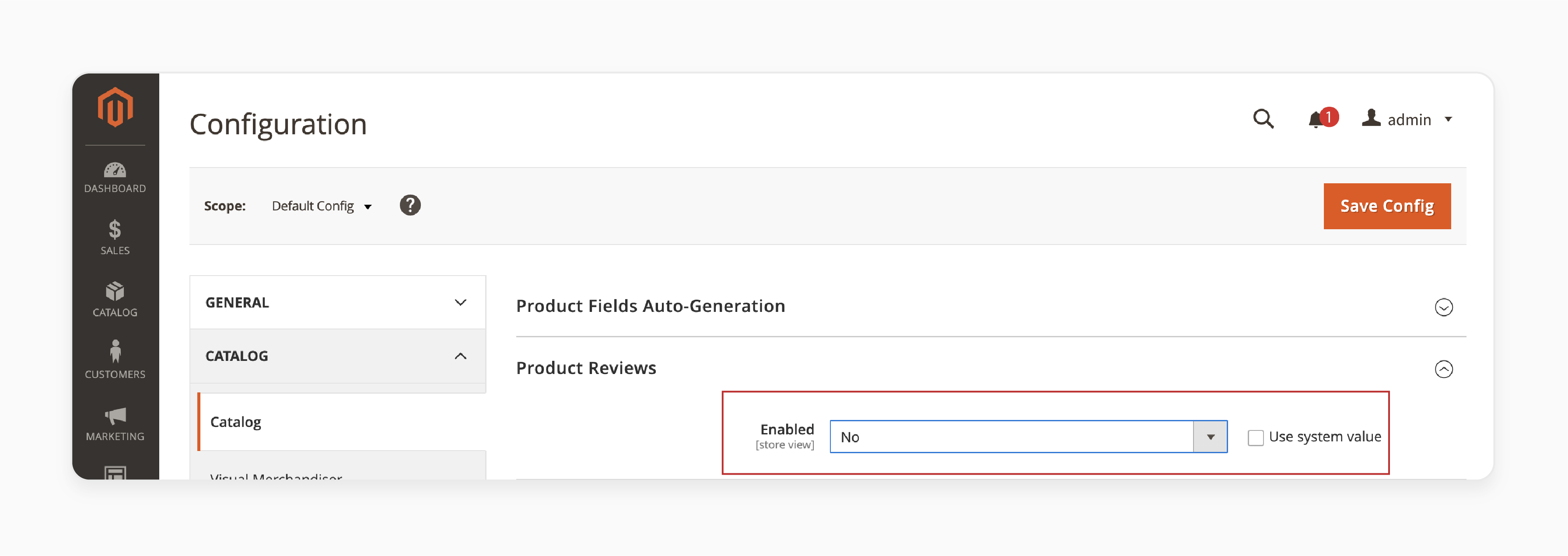 disabling product reviews display in Magento 2 settings