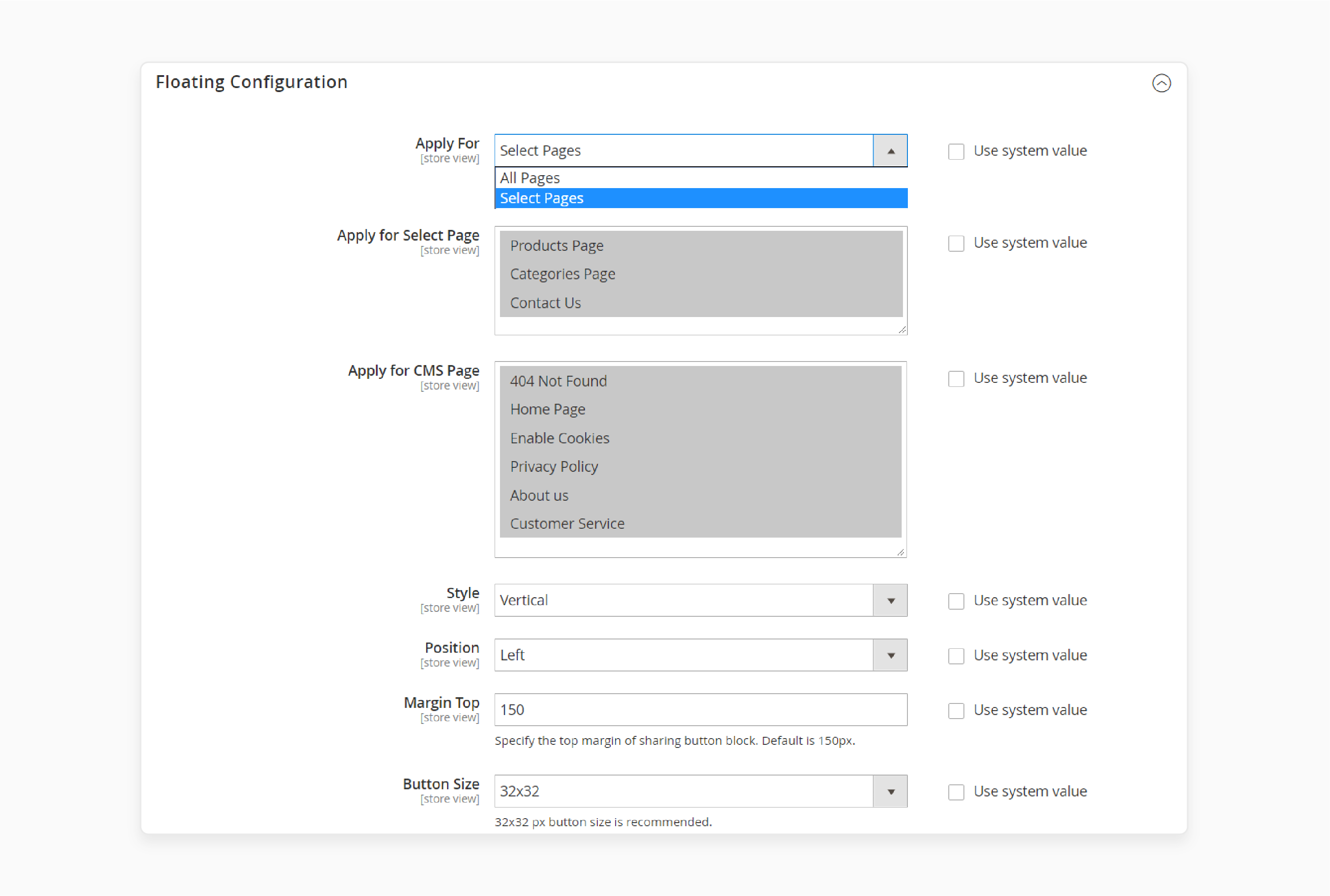 Configure floating settings in the Magento social share extension