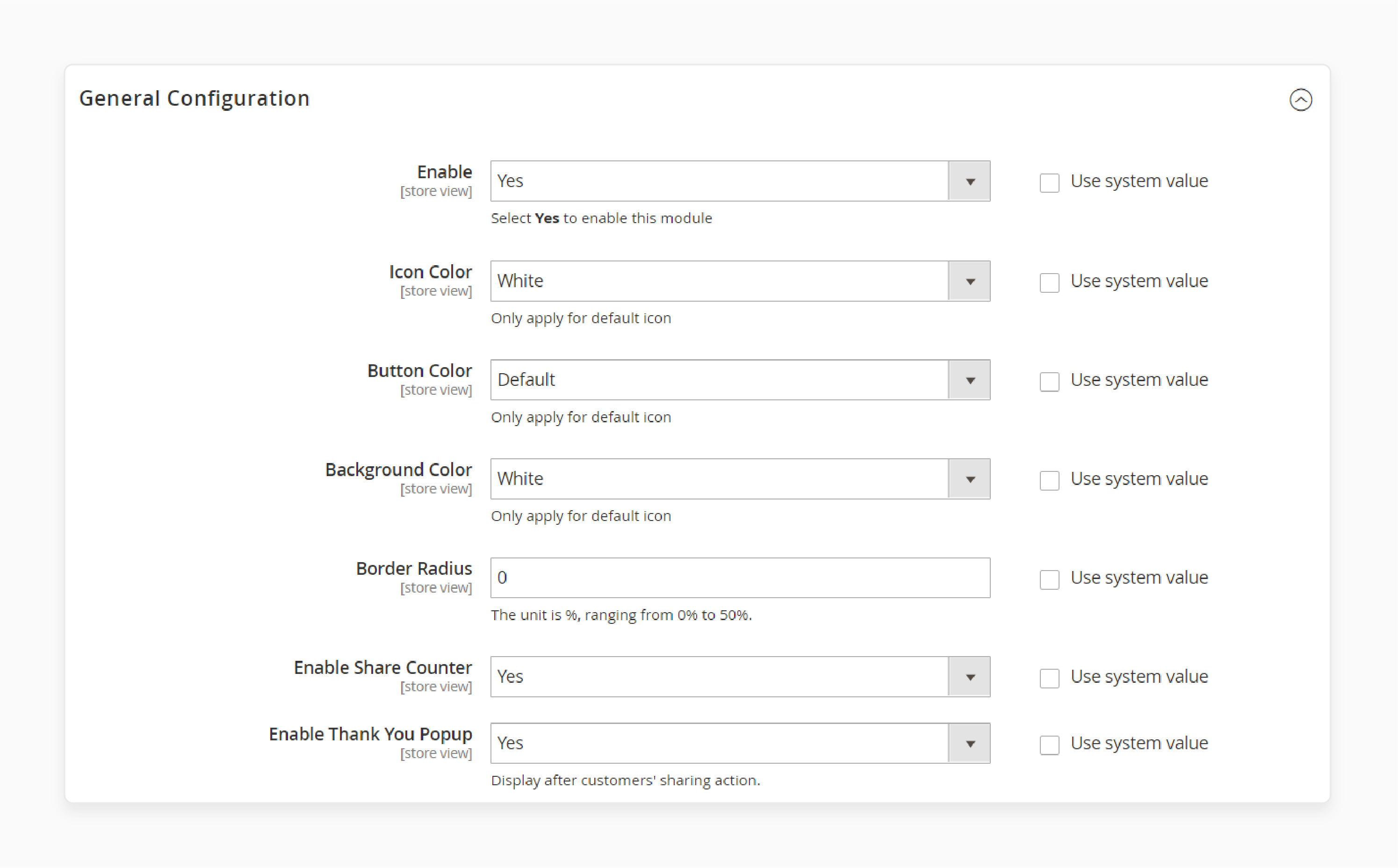 Configuring general settings in Magento social share extension