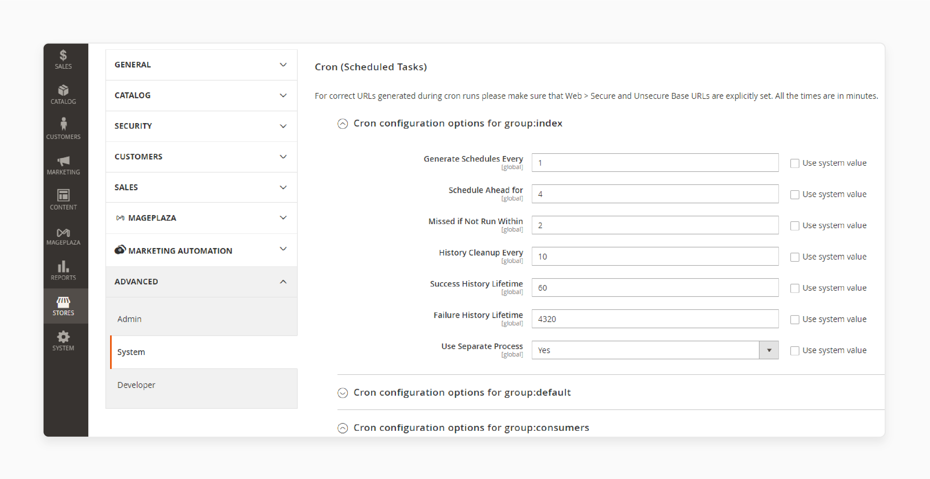 configuring cron options for the index group in magento 2