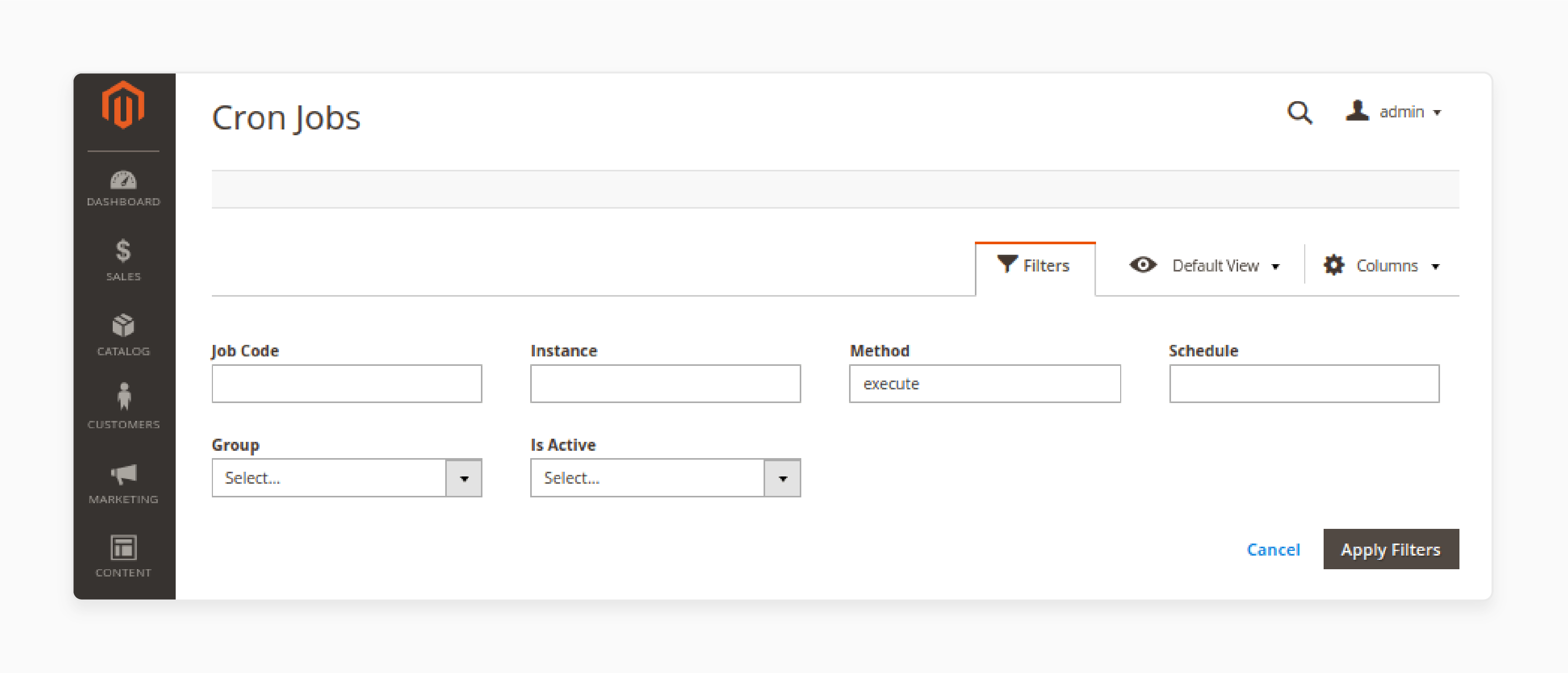 filtering options to locate specific cron tasks in magento 2