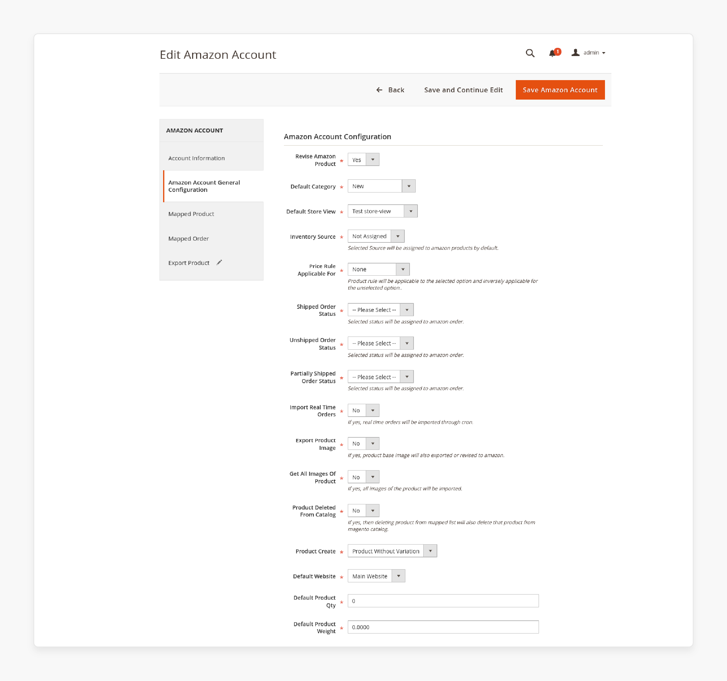 Configuring general account settings in the Magento 2 amazon channel extension