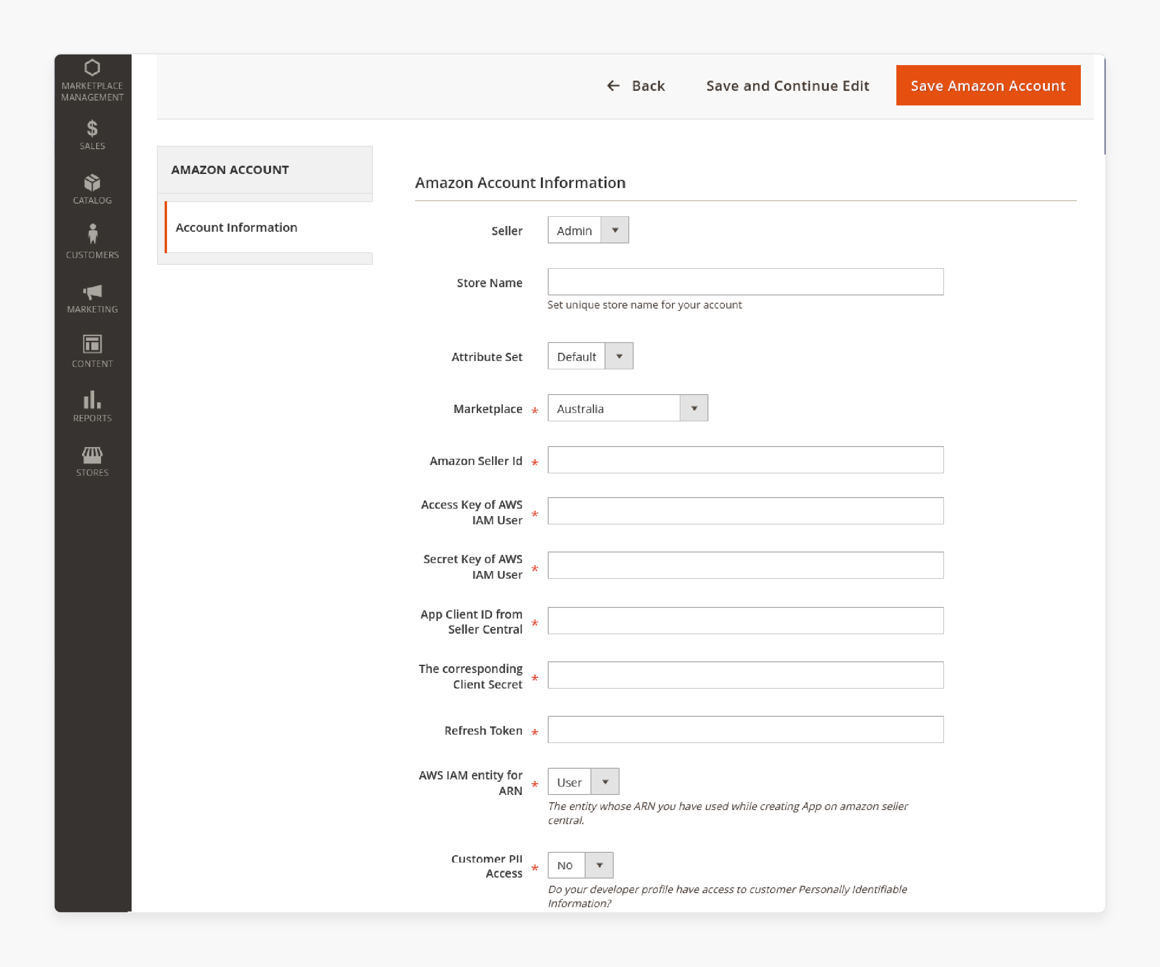 Configuring seller account in the Magento 2 amazon channel extension settings