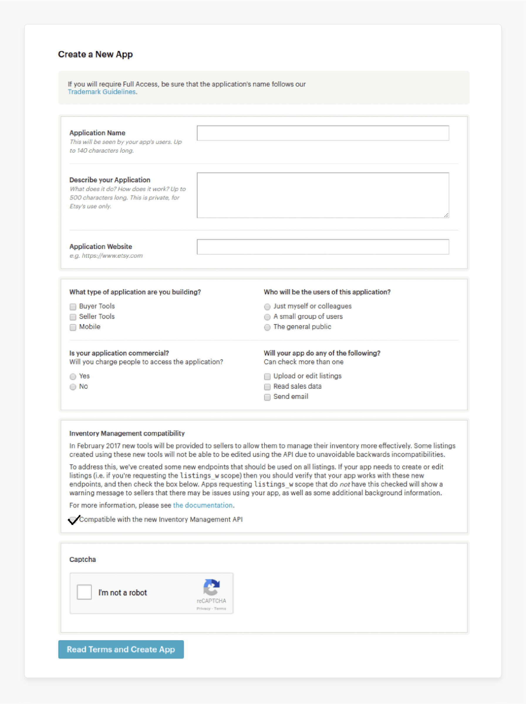 Access Etsy app registration form