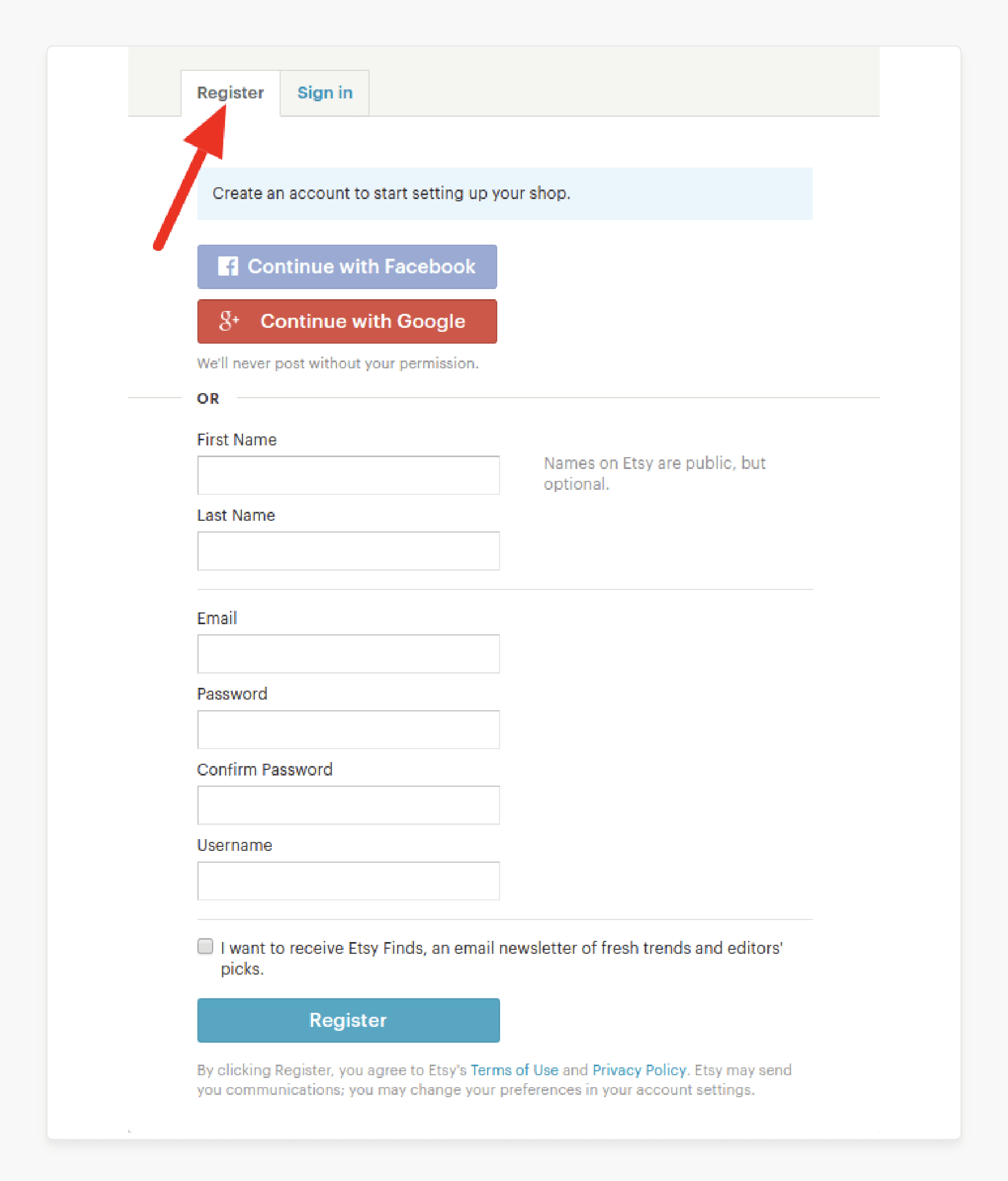 Fill Etsy registration for account setup