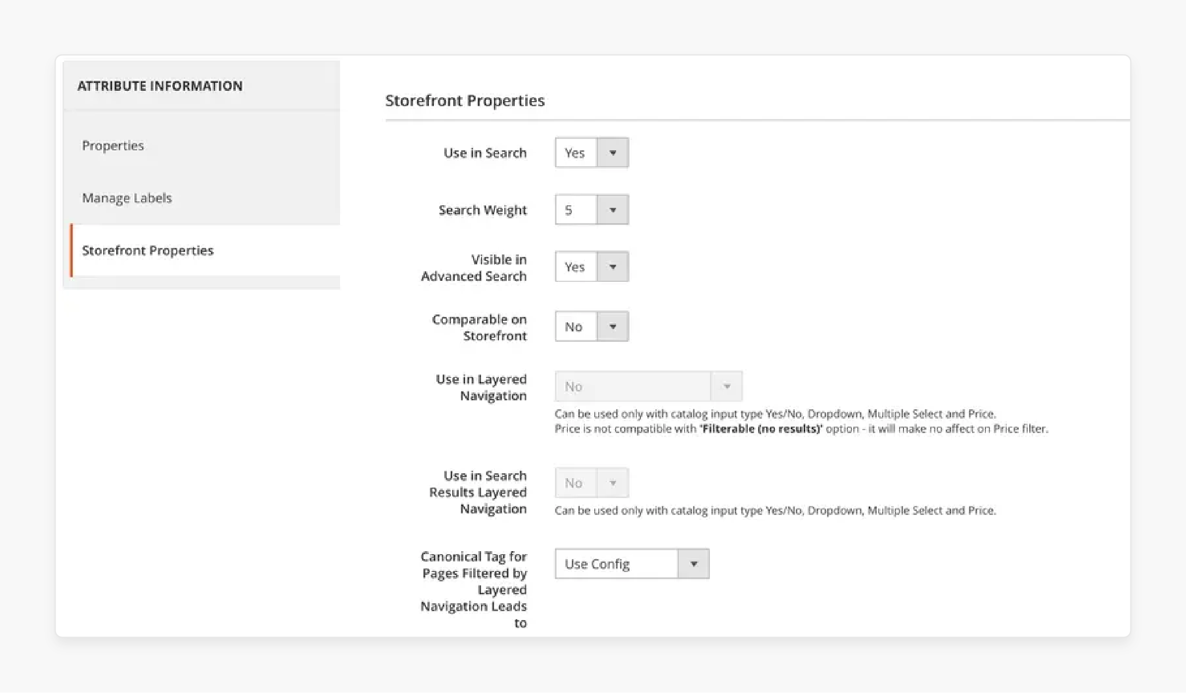 setting storefront properties and search weight in magento