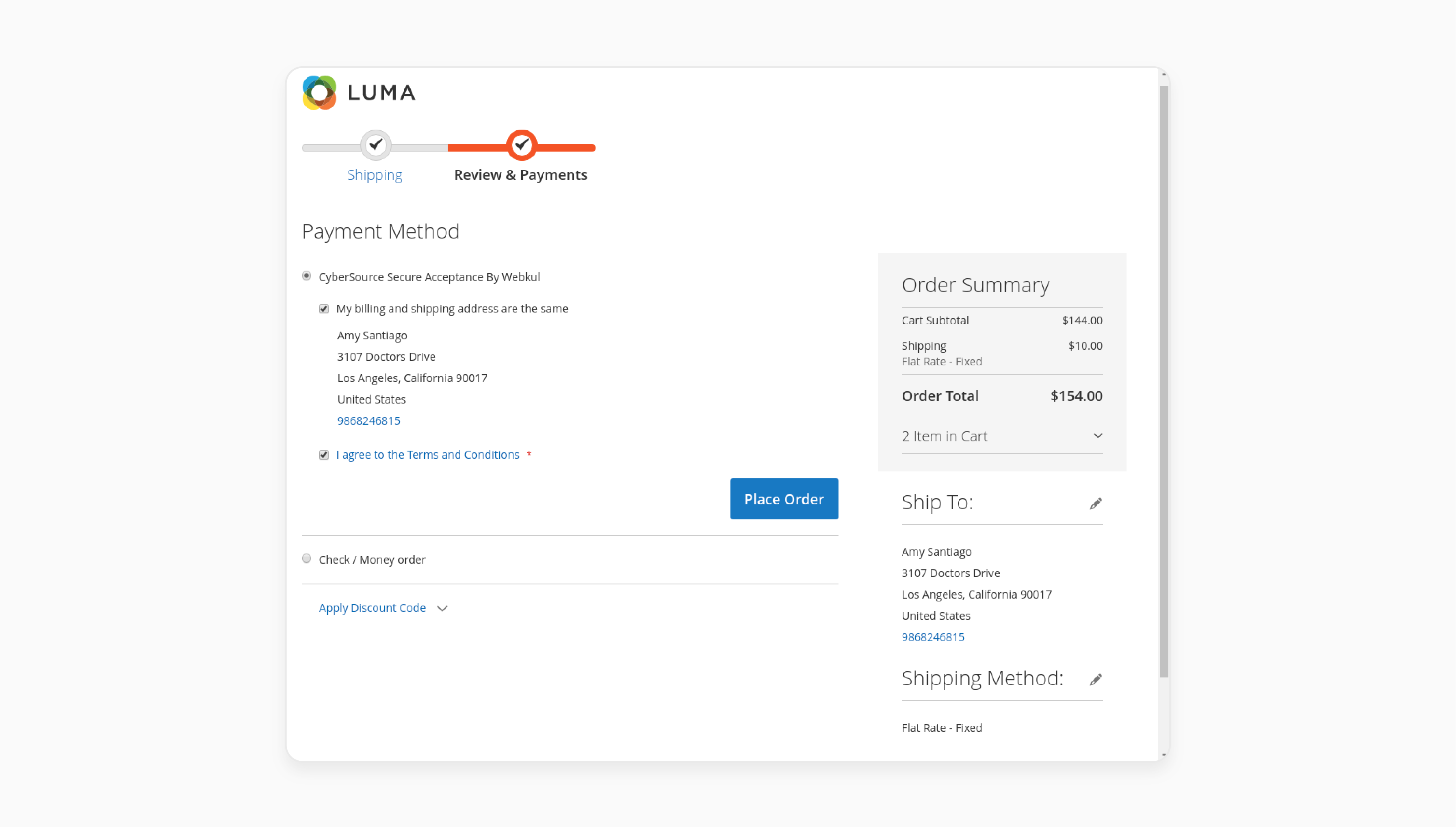 Run the test order after configuring the Magento 2 Cybersource Extension