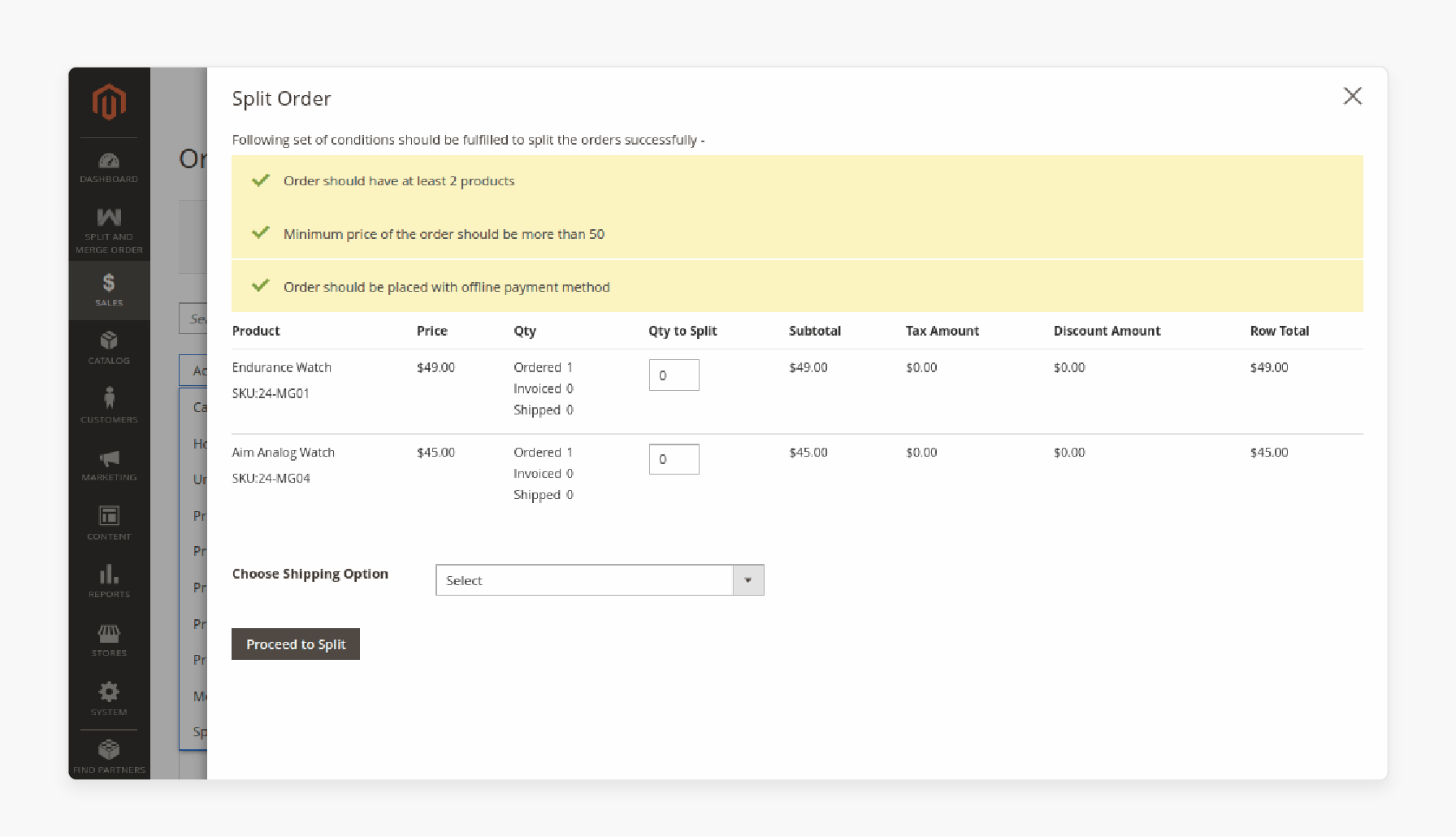 Adjust split settings for Magento 2 orders