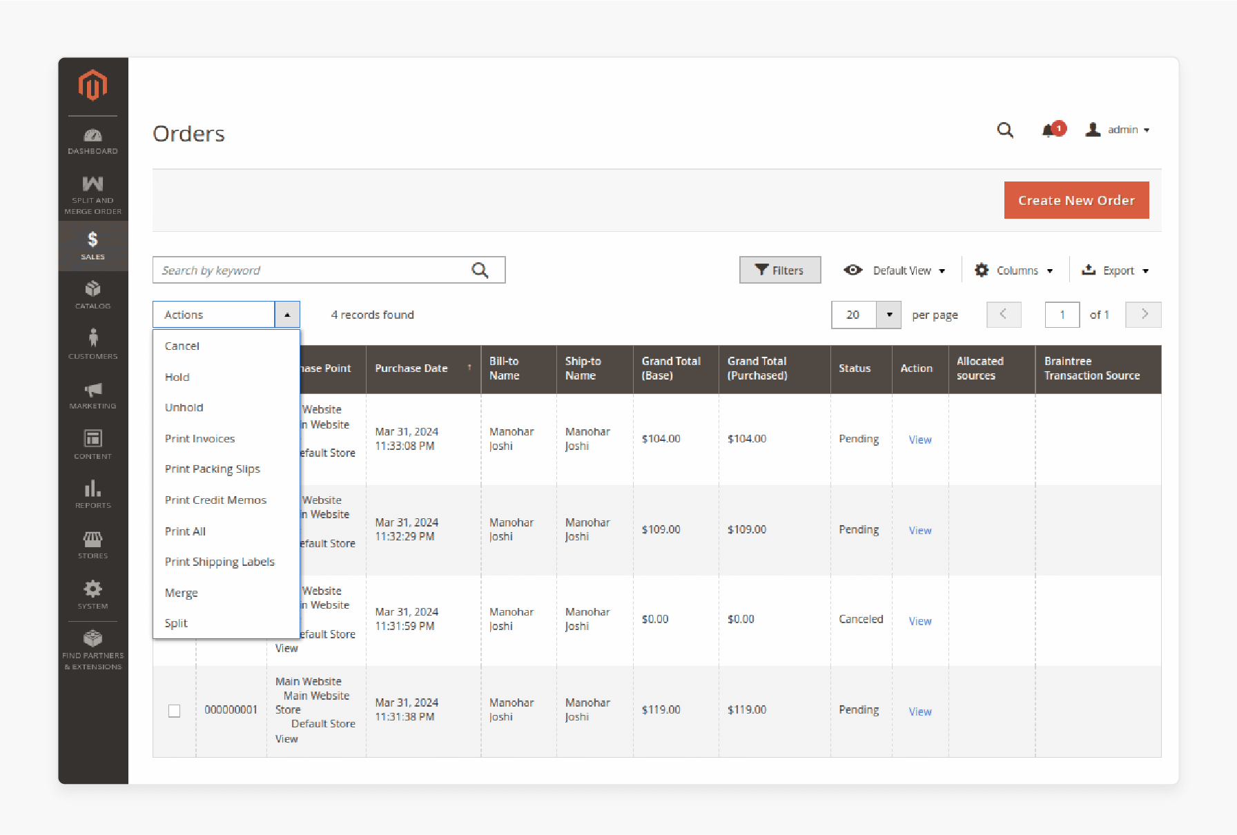 Choose Split Action to divide an order