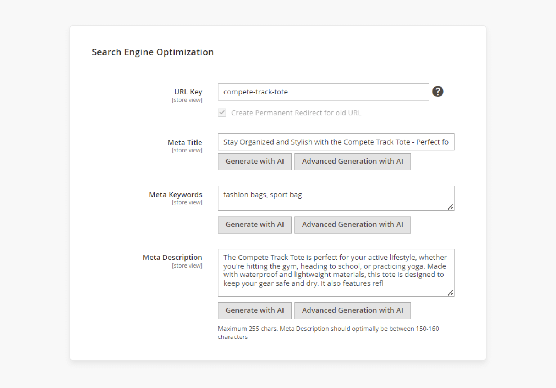 Modify the SEO settings in the Magento 2 AI Content Generator extension