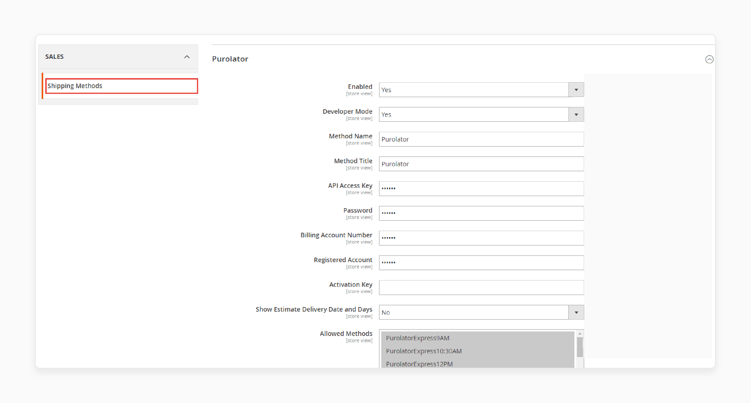 Purolator delivery method setup