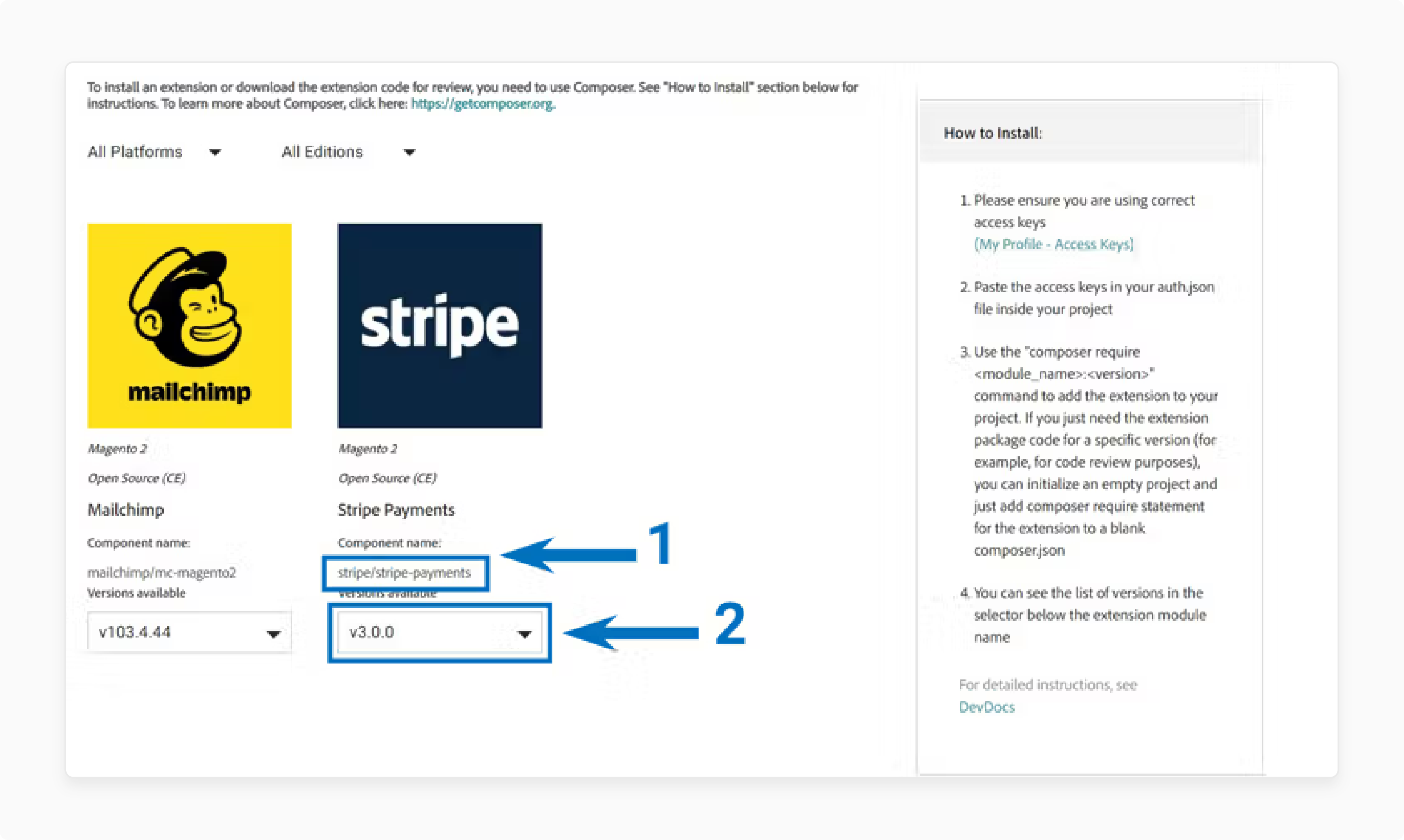 copying magento extension name and version for composer integration