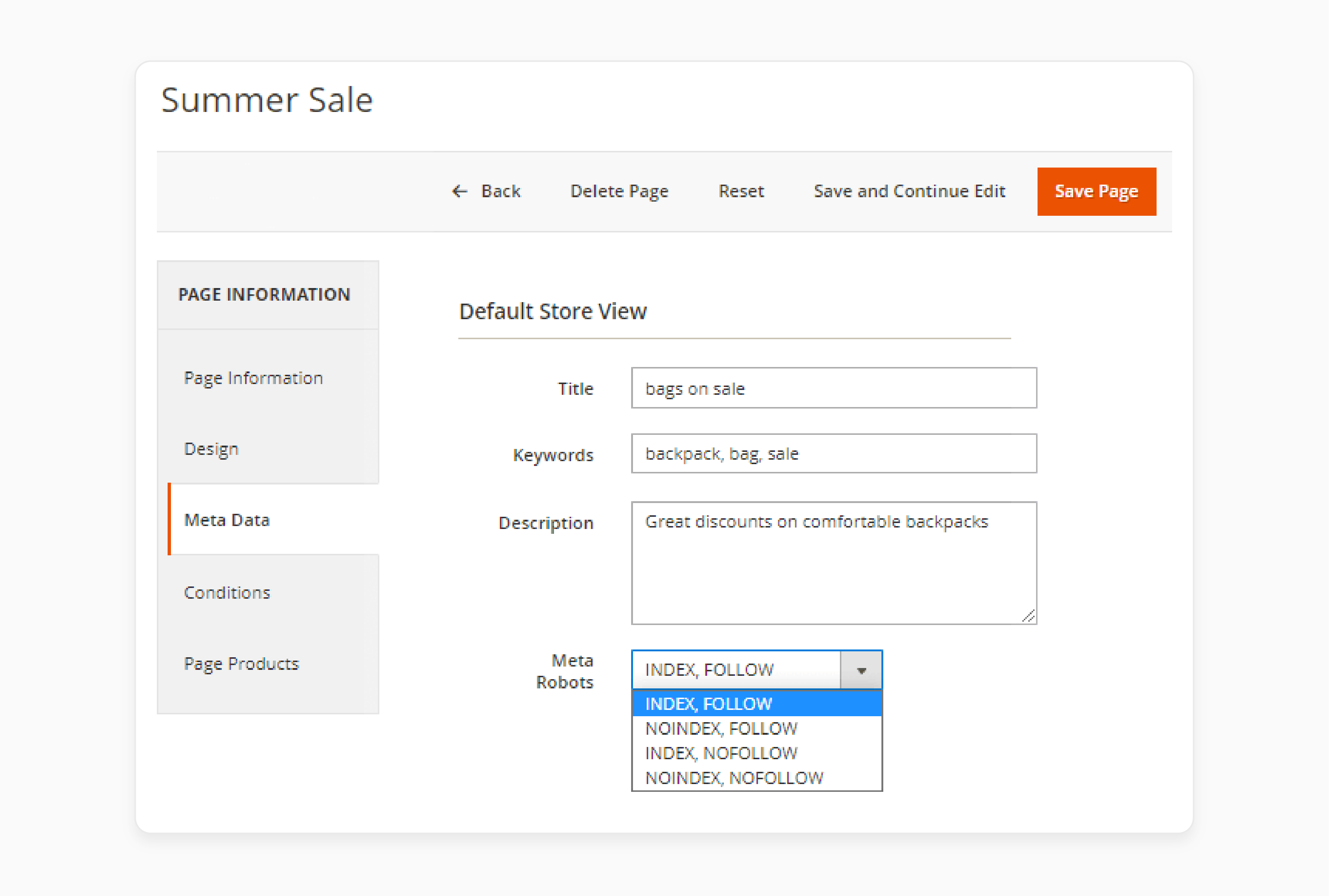 Enter the meta data in the magento 2 landing pages extension