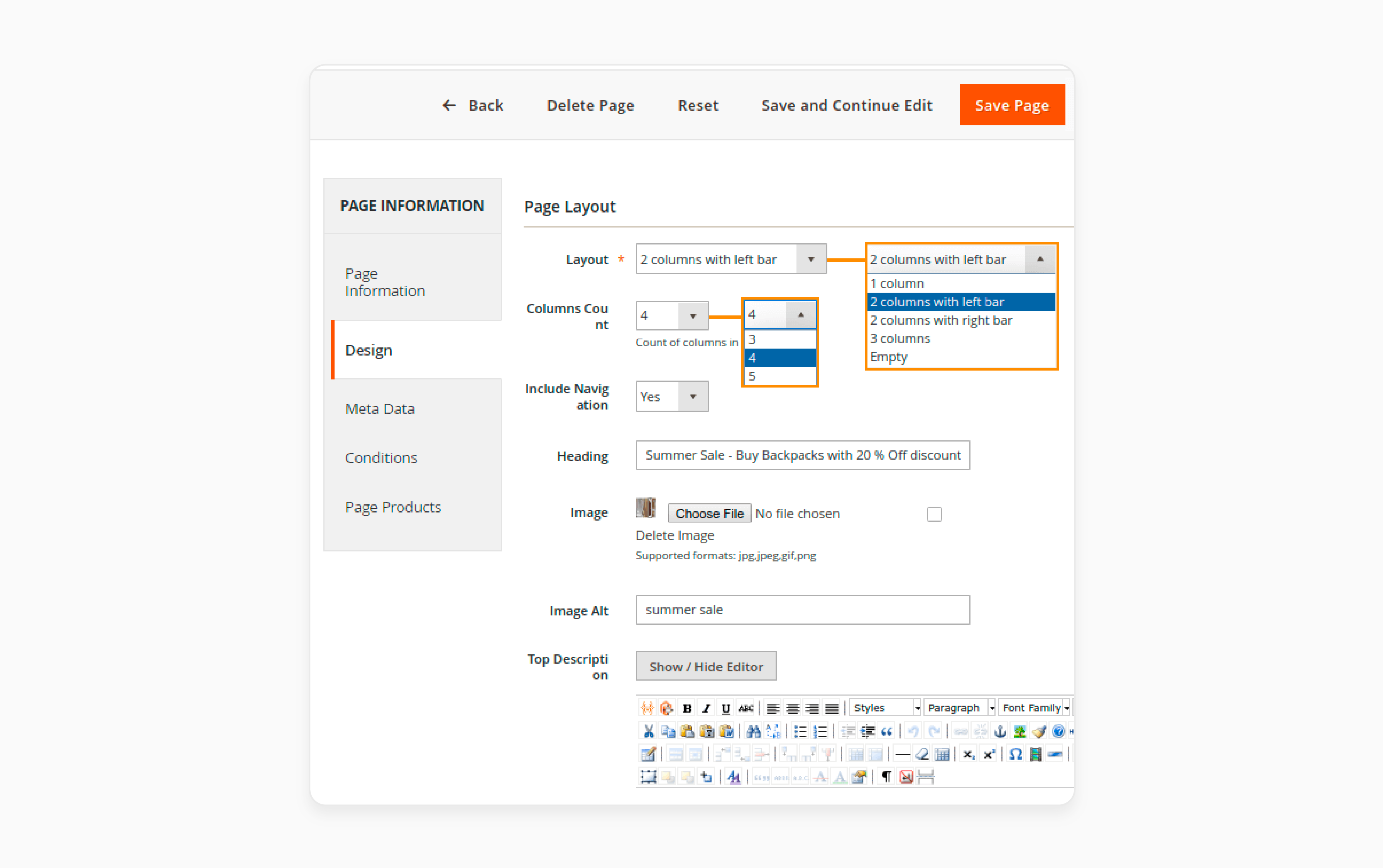 modifying page layout in the magento 2 landing pages extension