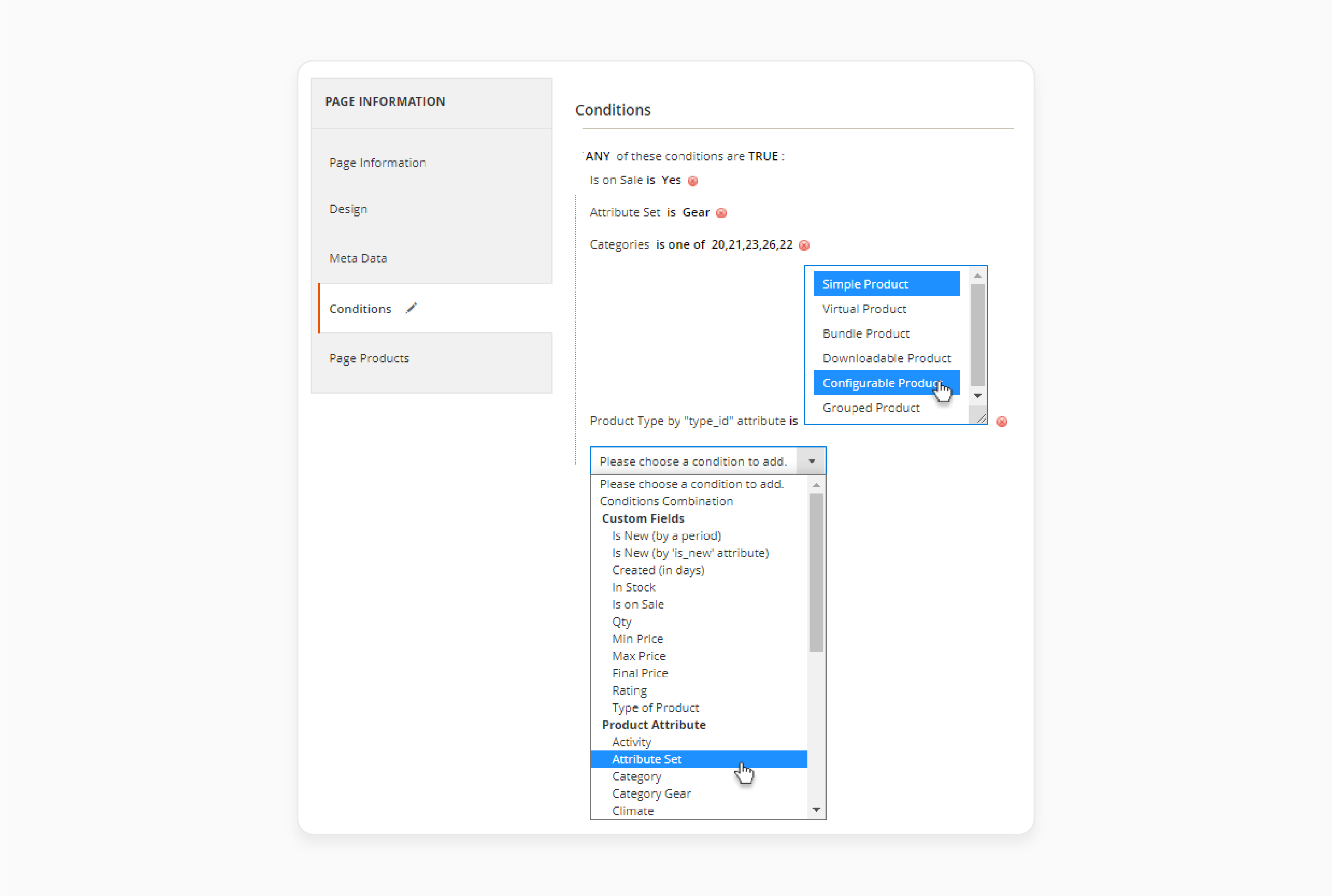 Select the category and conditions in the magento 2 landing pages extension