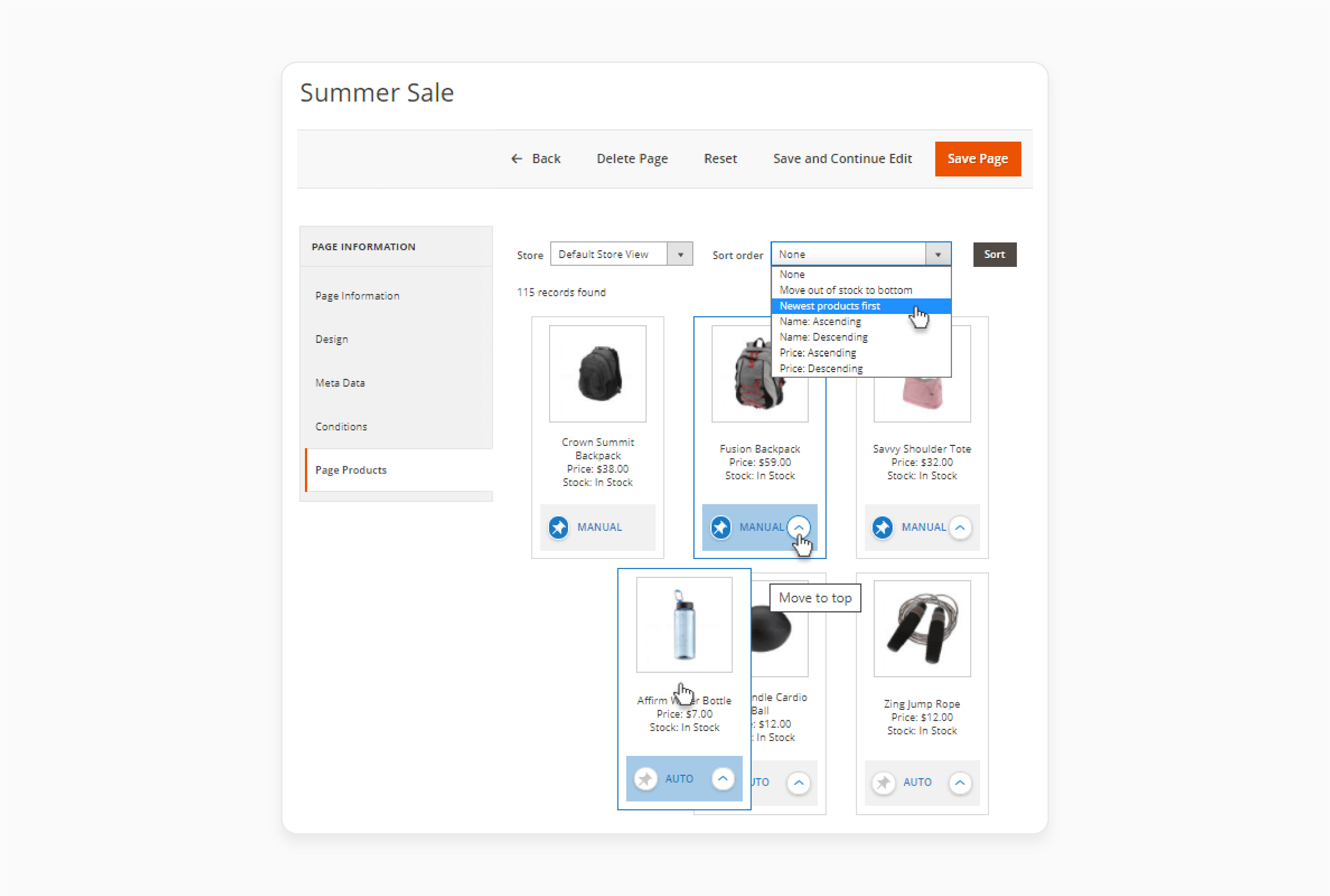 Sort the order of products using the magento 2 landing pages extension