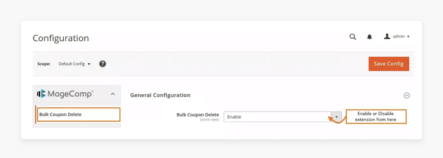 general configuration settings for enabling magento 2 bulk coupon delete