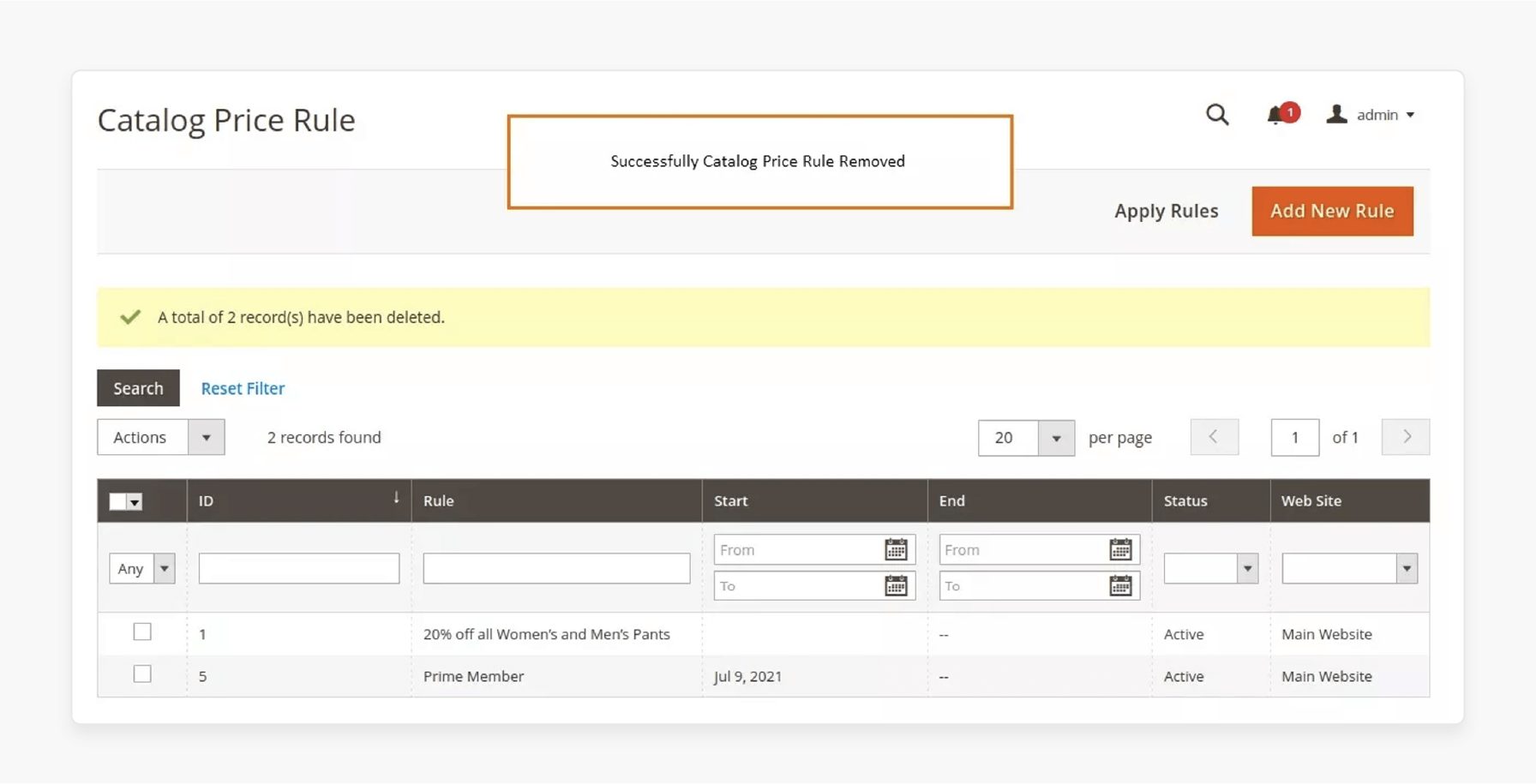 catalog price rule deletions in magento 2 admin panel