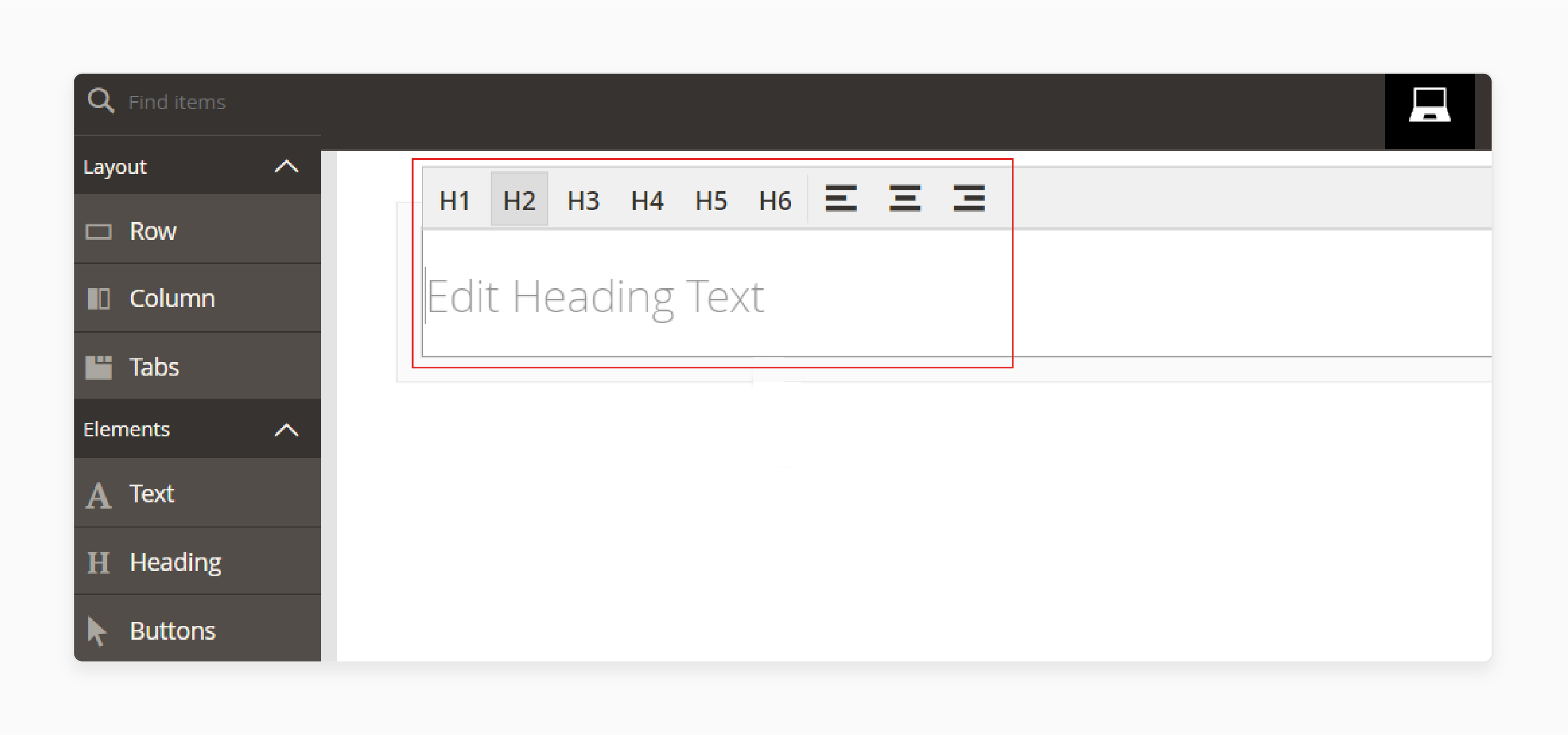 toolbar options for editing h1 tags in magento 2 page builder