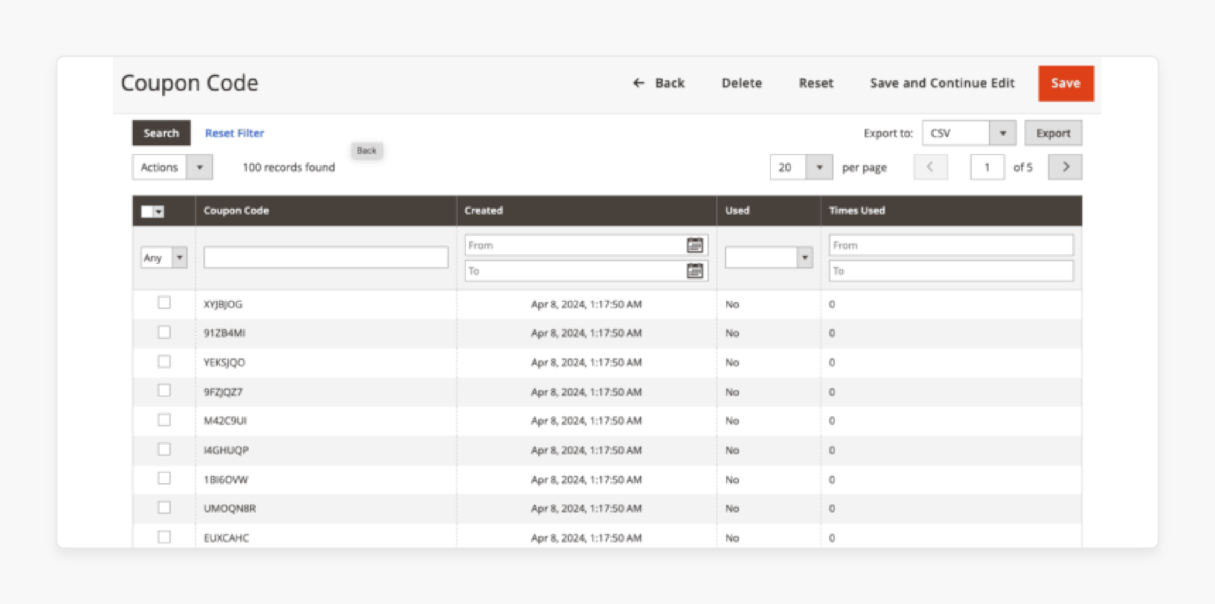 magento 2 admin interface for managing and tracking coupon codes