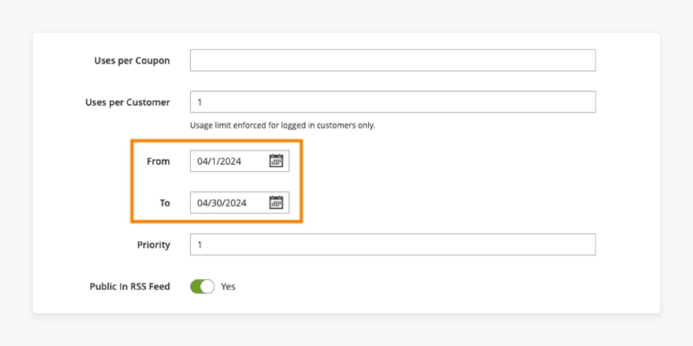 magento 2 date range settings for coupon validity management