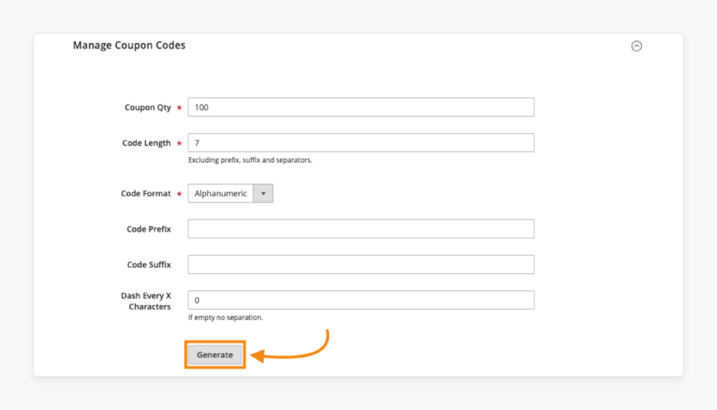 magento 2 interface for generating bulk coupon codes with custom settings