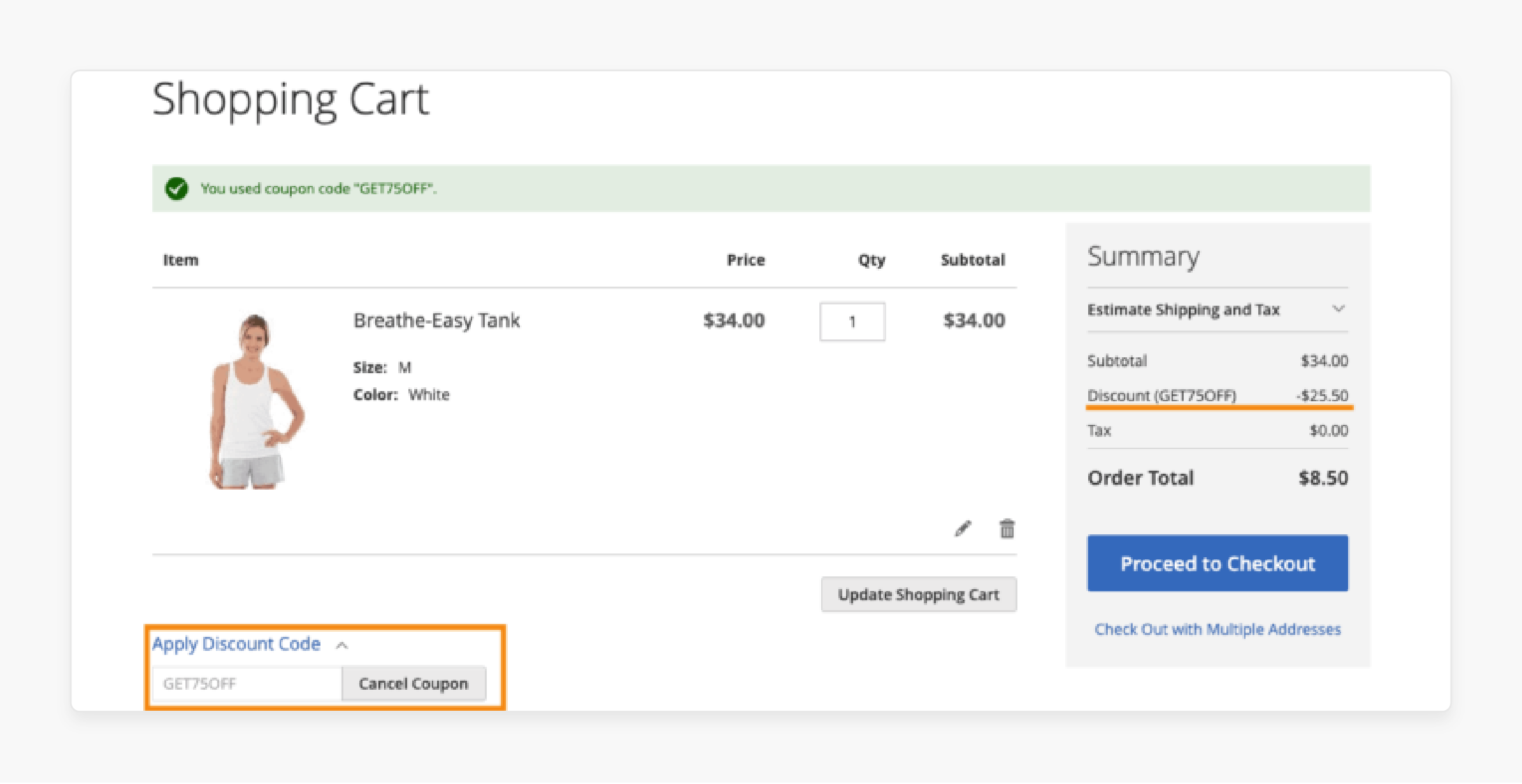 magento 2 shopping cart showing applied discount code for streamlined checkout