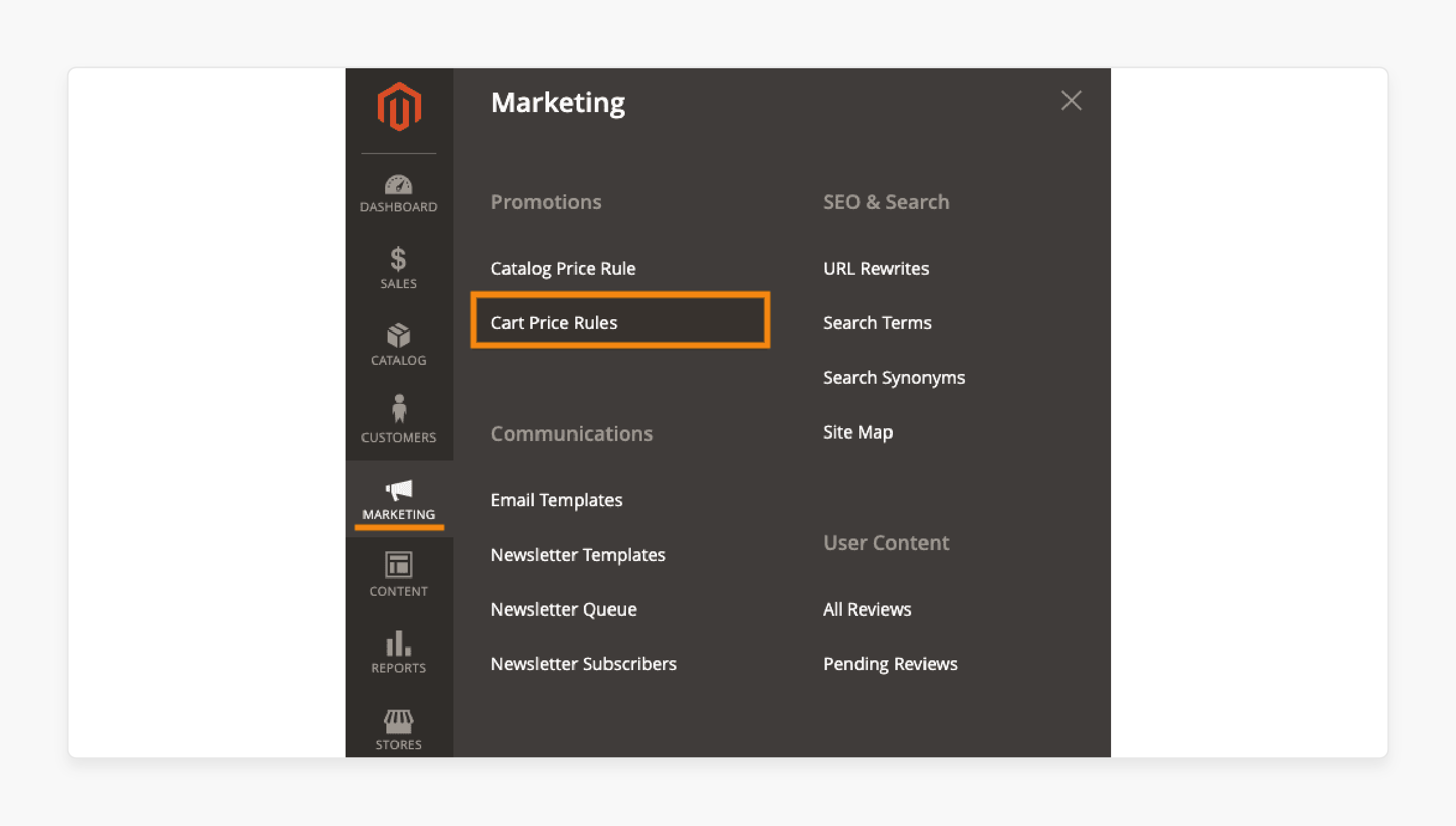 magento admin menu highlighting the cart price rules navigation