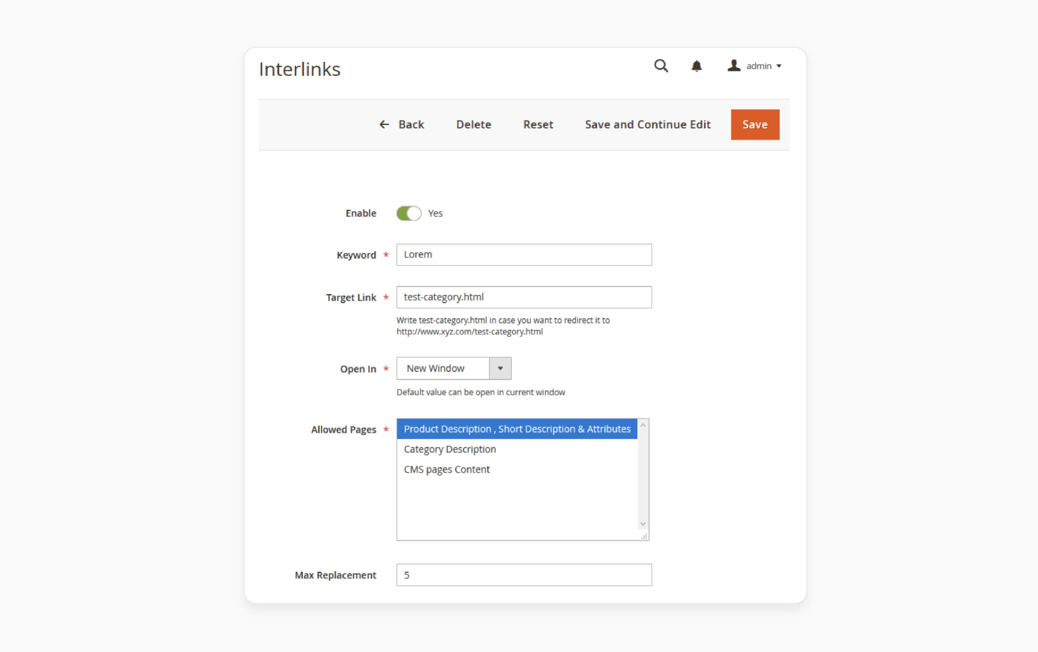 Configuring Keyword Management Settings for Auto Interlinking Products Magento