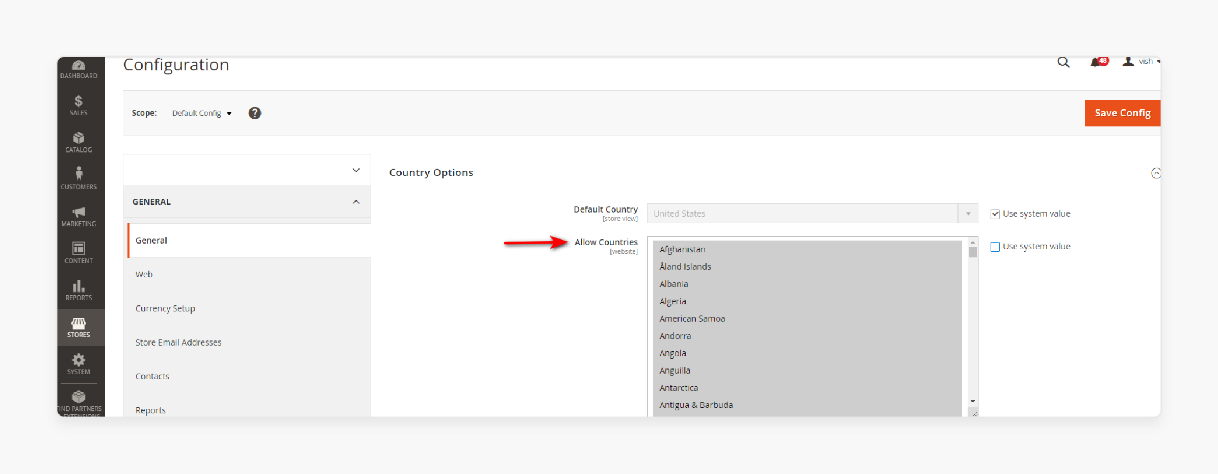 magento 2 admin panel showing country options and allowed countries selection dropdown